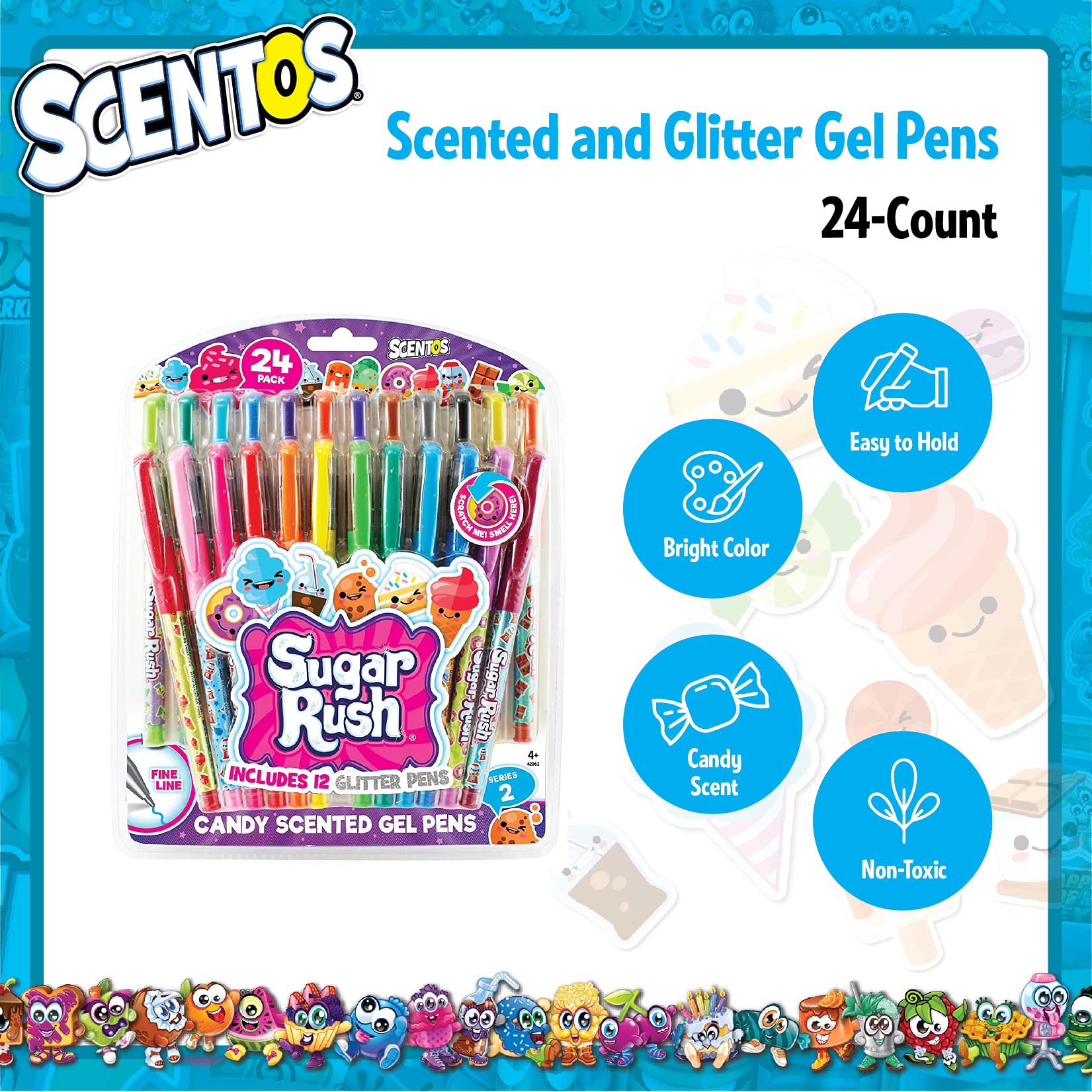 Scentos Scented Gel Pens - 24-Count - Assorted Color Pens for Kids or Adults in Sugar Rush Candy
