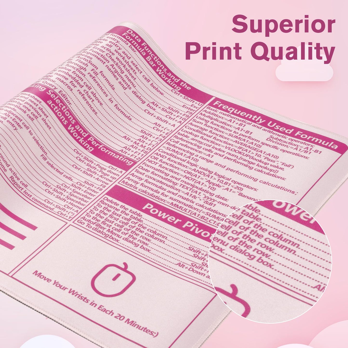 iCasso Excel Cheat Sheet Desk Pad, Pink Excel Shortcuts