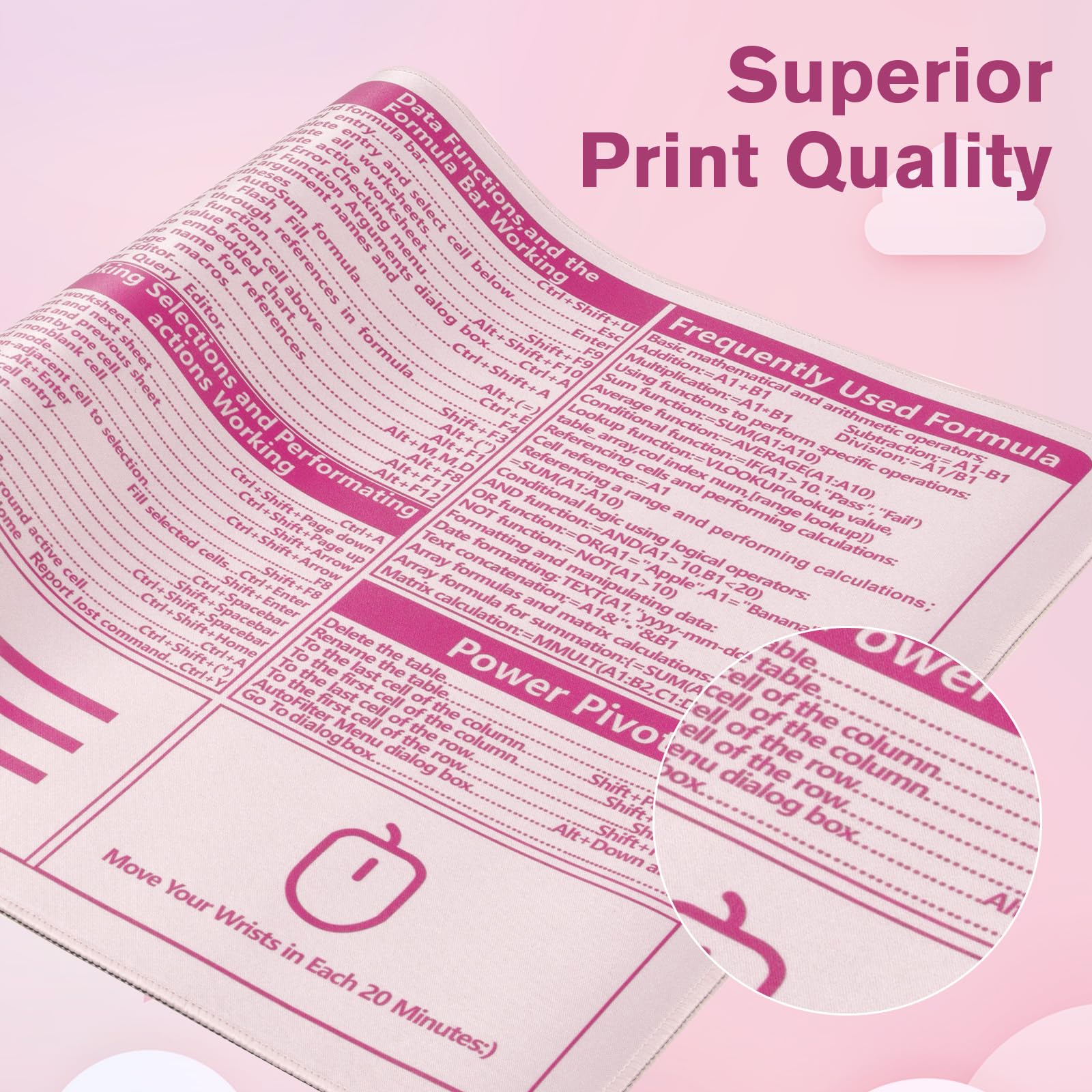 iCasso Excel Cheat Sheet Desk Pad, Pink Excel Shortcuts