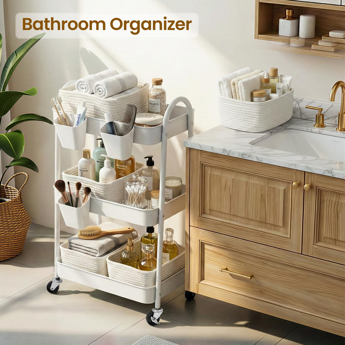 3-Tier Rolling Utility Cart with 4 Woven Baskets, Diaper Book Snack Cart, Storage Organizer for
