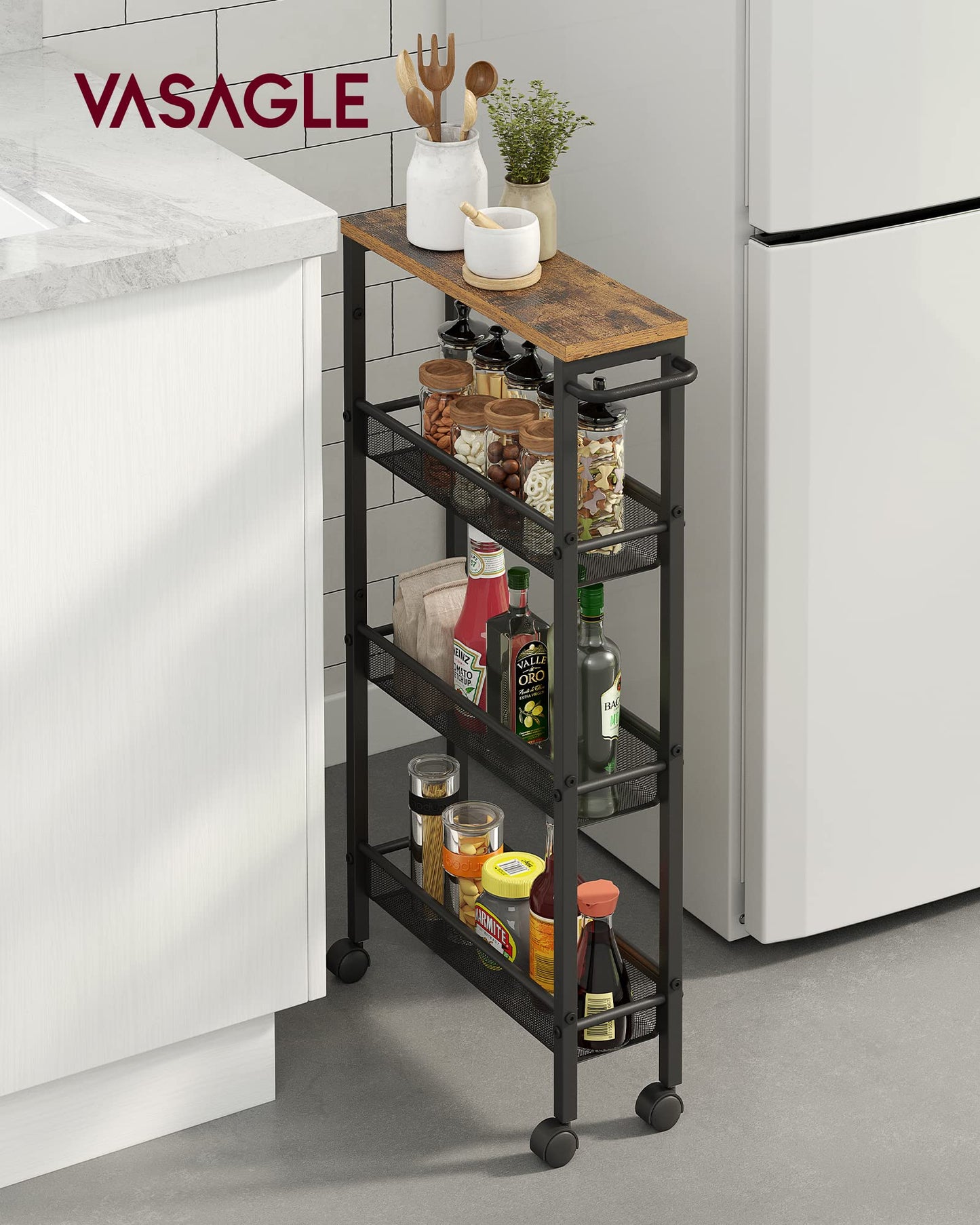 VASAGLE 4-Tier Slim Rolling Storage cart with Wheels, 5.1 Inches, Metal