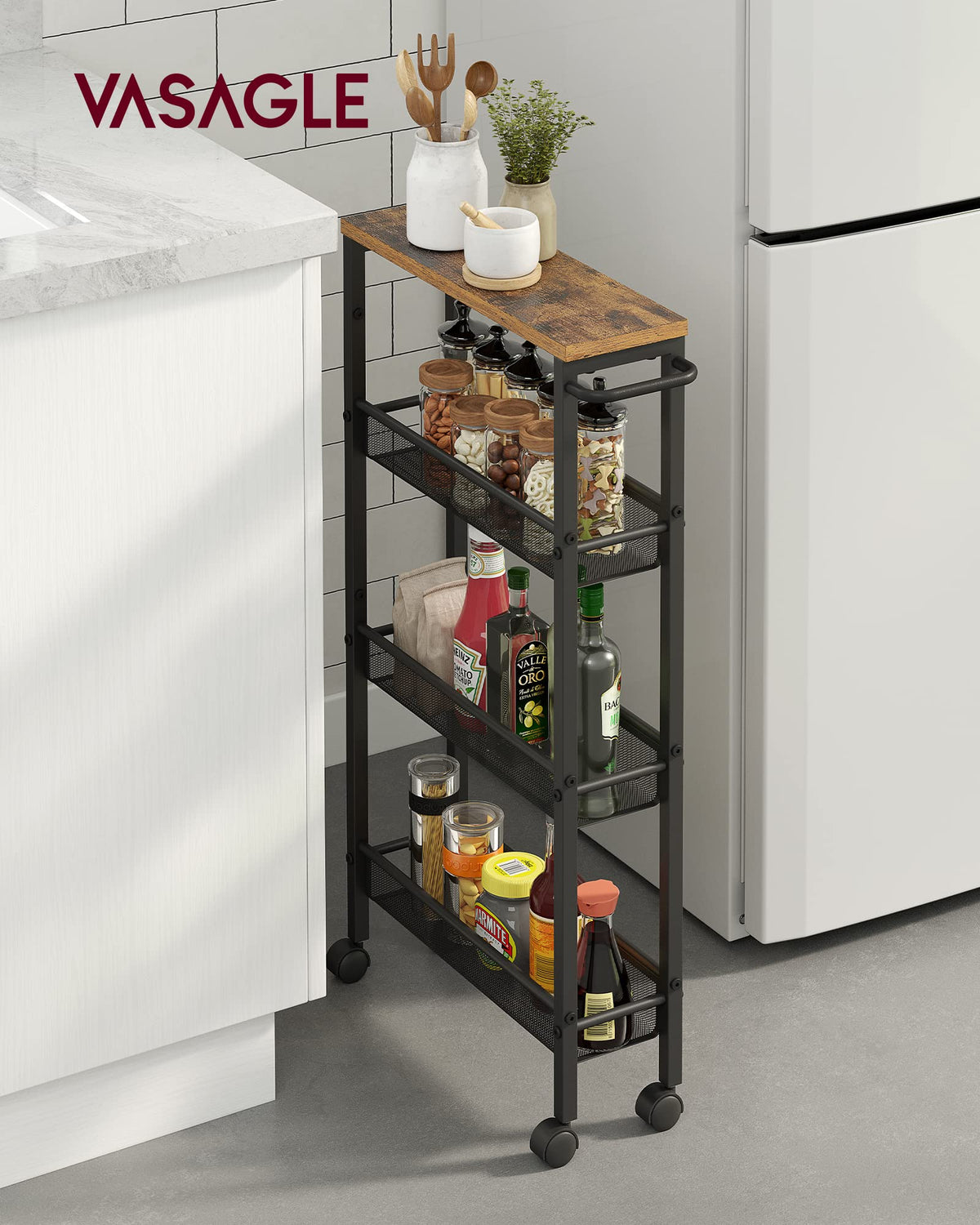 VASAGLE 4-Tier Slim Rolling Storage cart with Wheels, 5.1 Inches, Metal