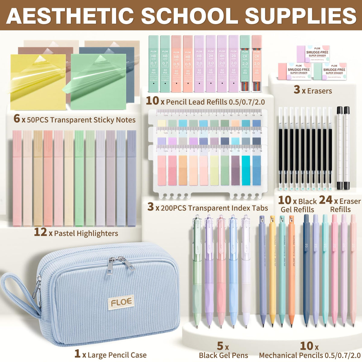 62PCS Aesthetic School Supplies Cute Back to School Supplies Stationary Set
