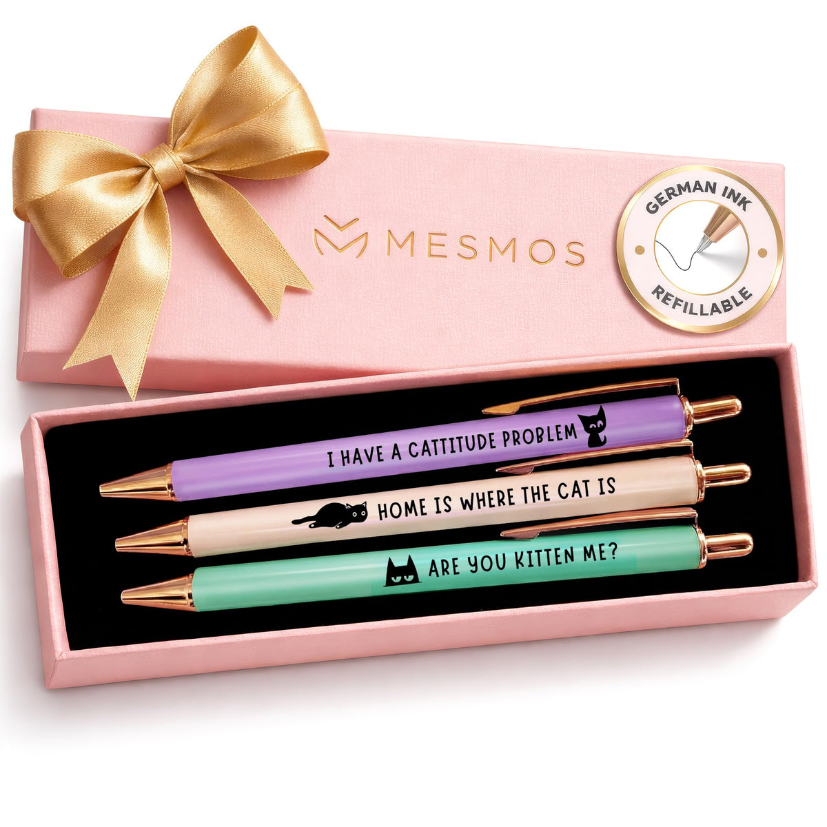 MESMOS 3pk Cute Cat Pens, Sassy and Funny Cat Lover Gifts for Women, Aesthetic Ballpoint Pens
