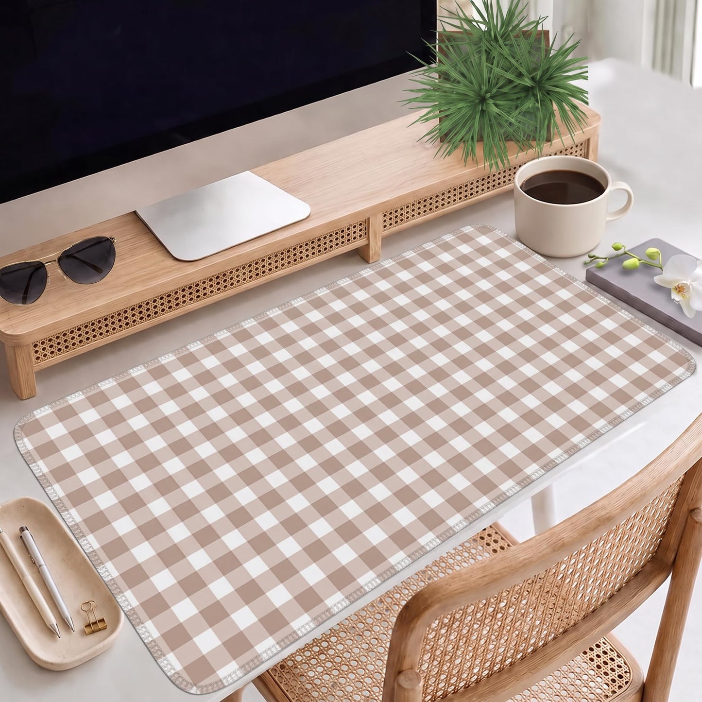 Brown Checkered Gingham Desk Mat Pad XXL Large Mouse Pad Anti-Slip Big Mousepad with Stitched Edges