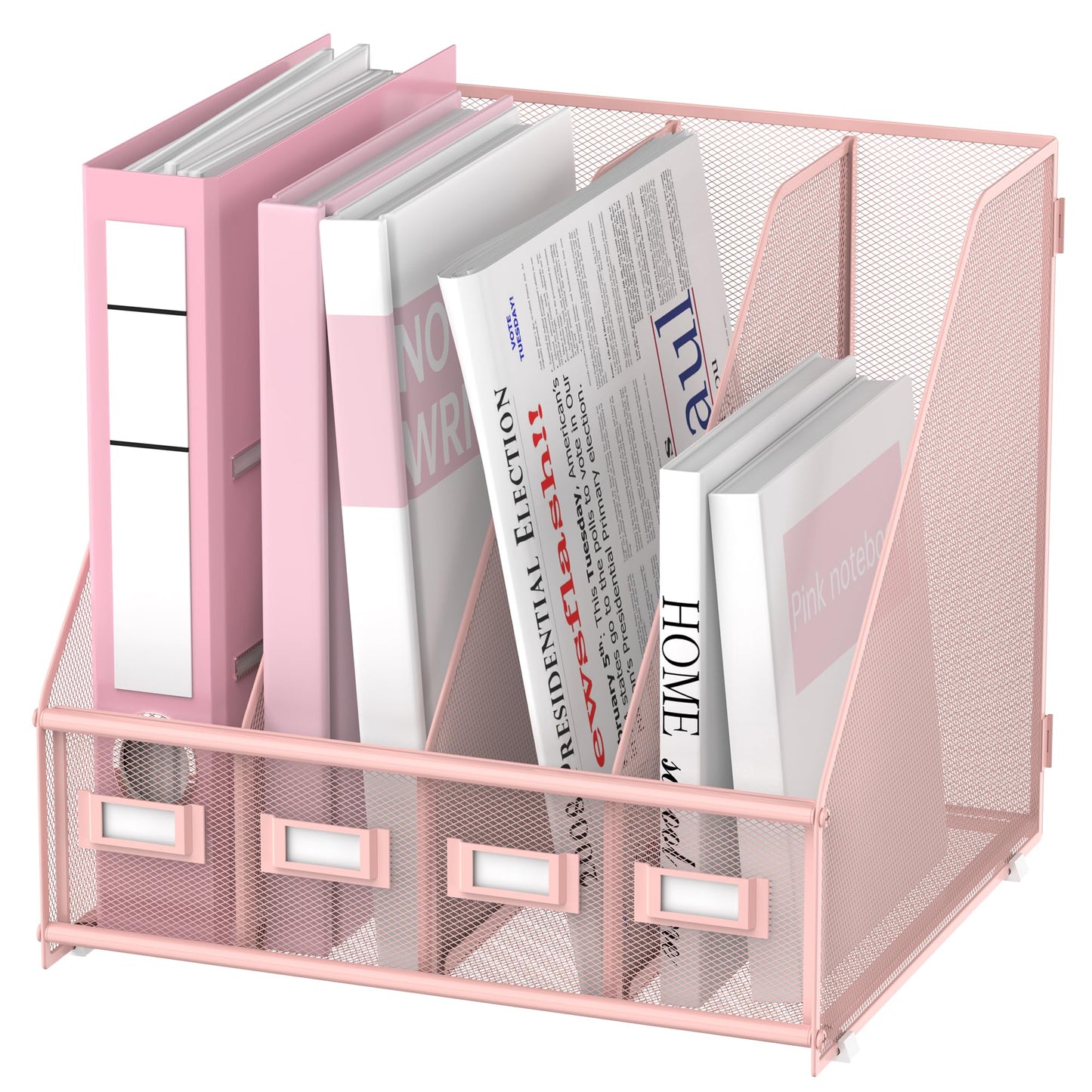 4-Compartment Magazine File Holder and File Organizer for Desk, Pink