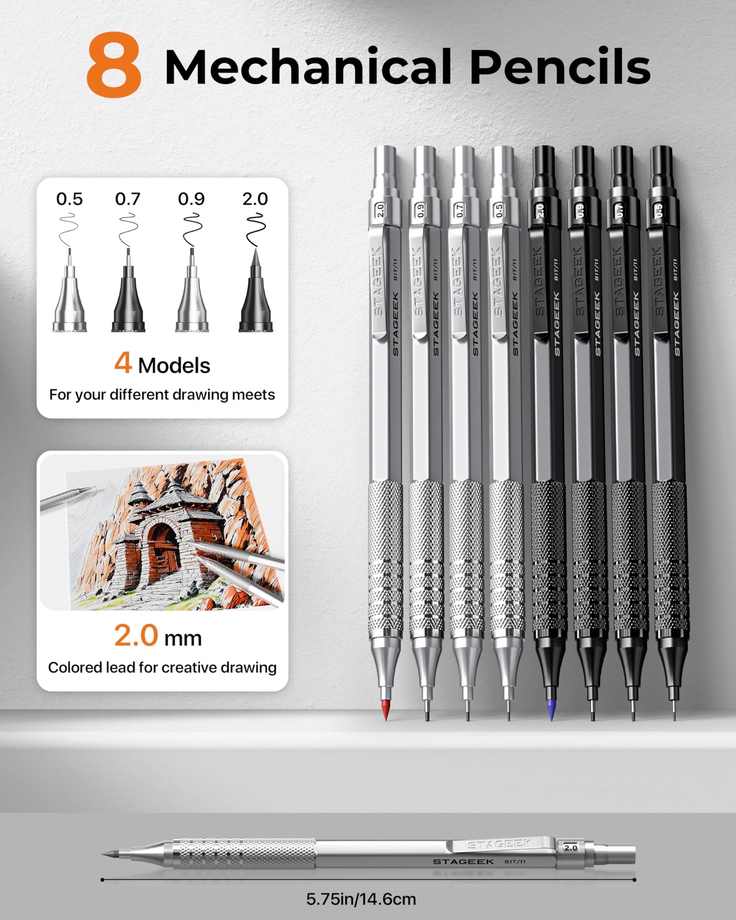 STAGEEK 45PCS Black & Silver Metal Mechanical Pencil Set in Leather Case