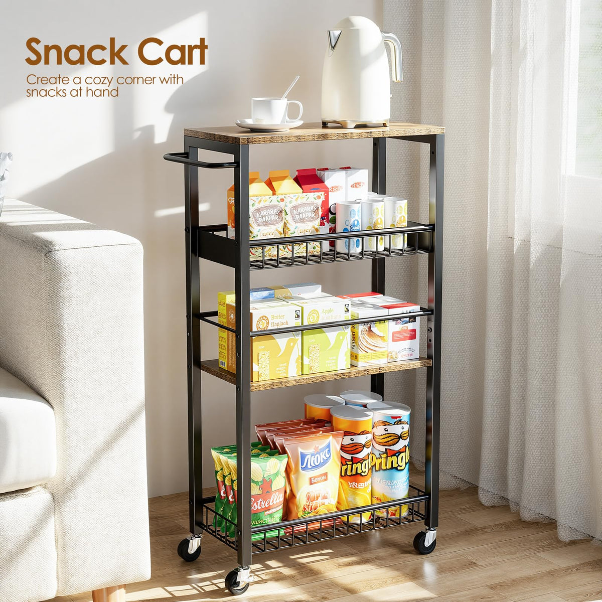 Kssiaz Slim Rolling Storage Cart, 4 Tier Narrow Storage Cart, 9.1in(W)