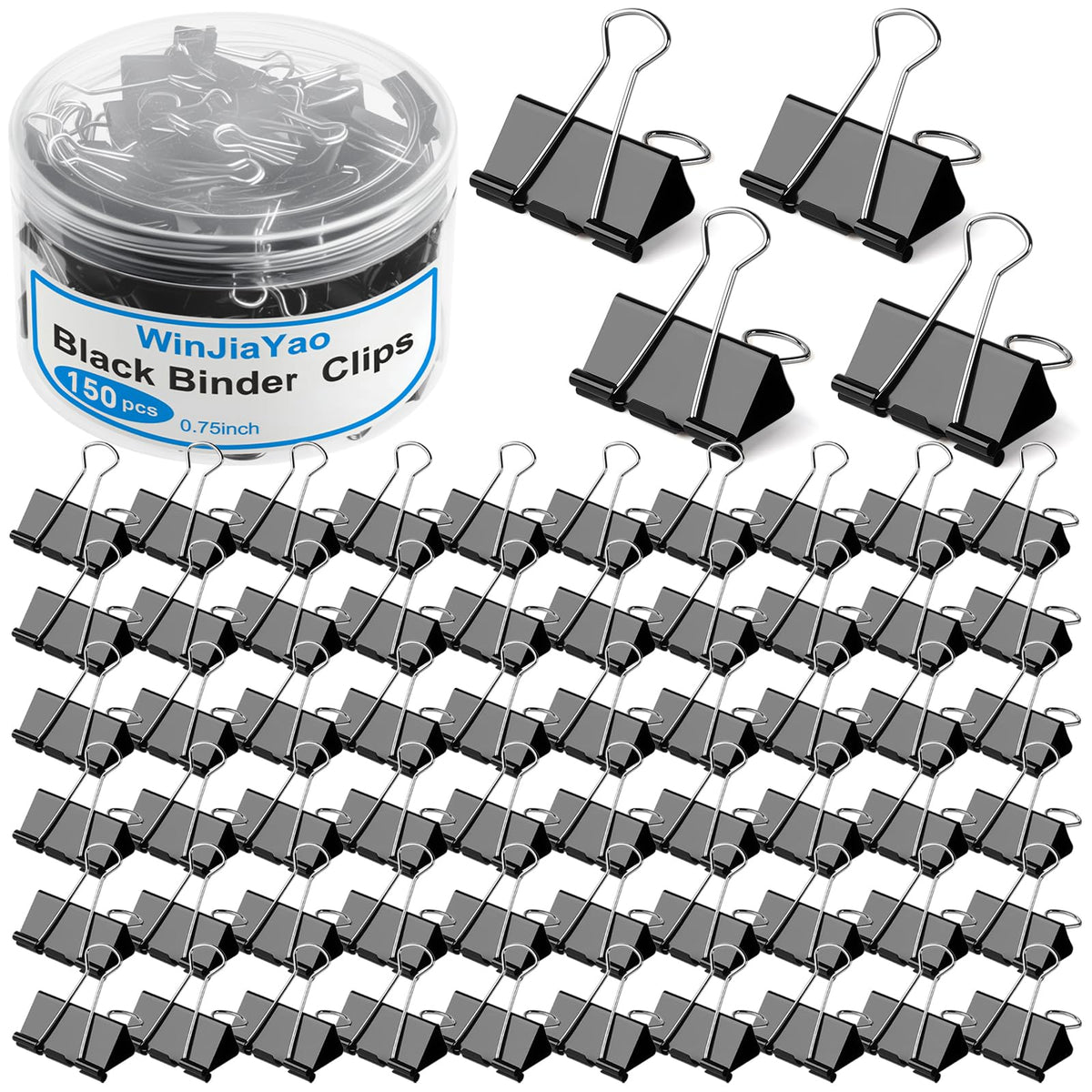 150 Pack Small Binder Clips 0.75 Inch with Container,Black Paper Clamps
