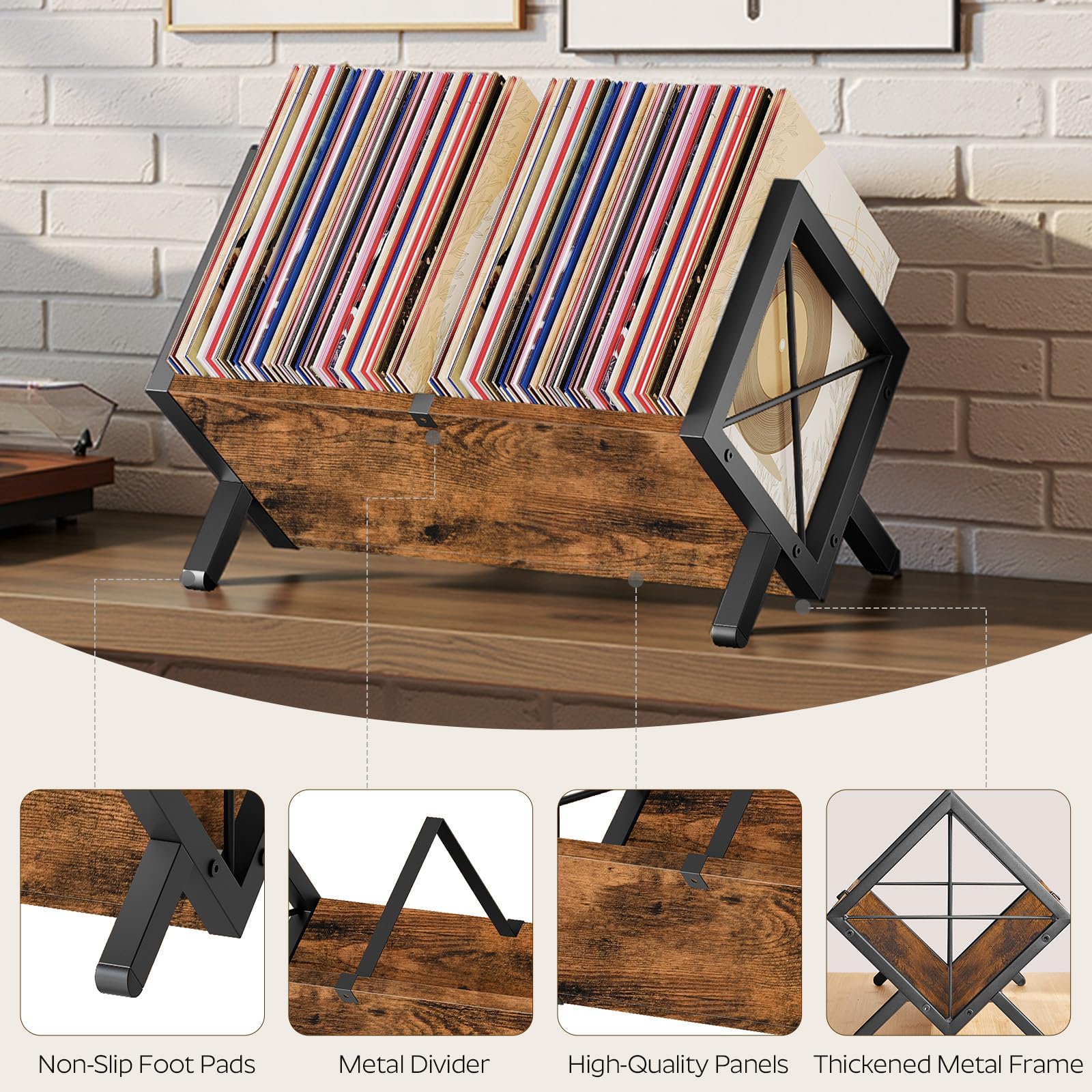 YATINEY Vinyl Record Holder, Record Storage Rack Holds 80-100 LP，Wooden and Metal Record Organizer