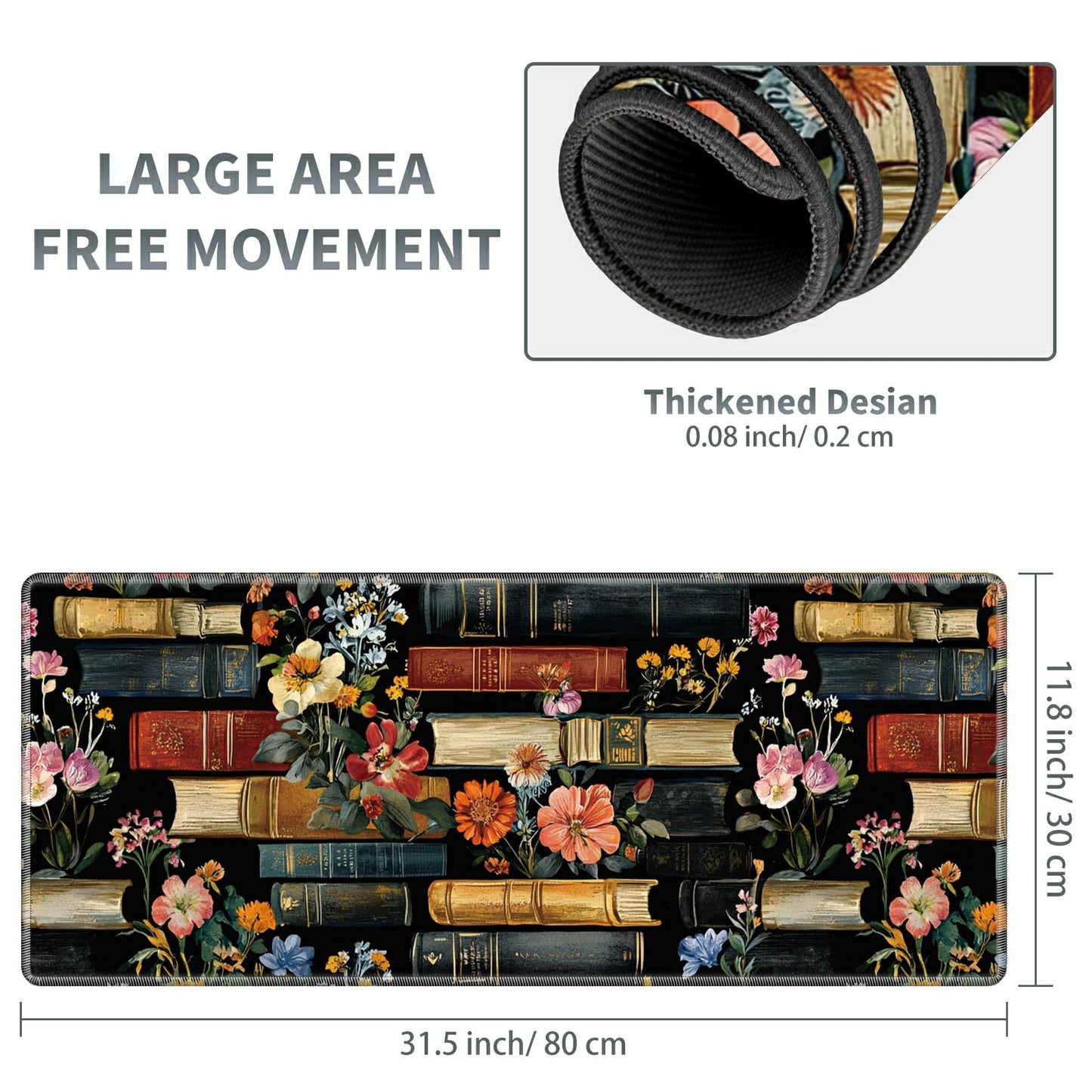 Large Gaming Mouse Pad Plus a Coasters + Cable Clips, Library Flowers Extended Mousepad (31.5 x