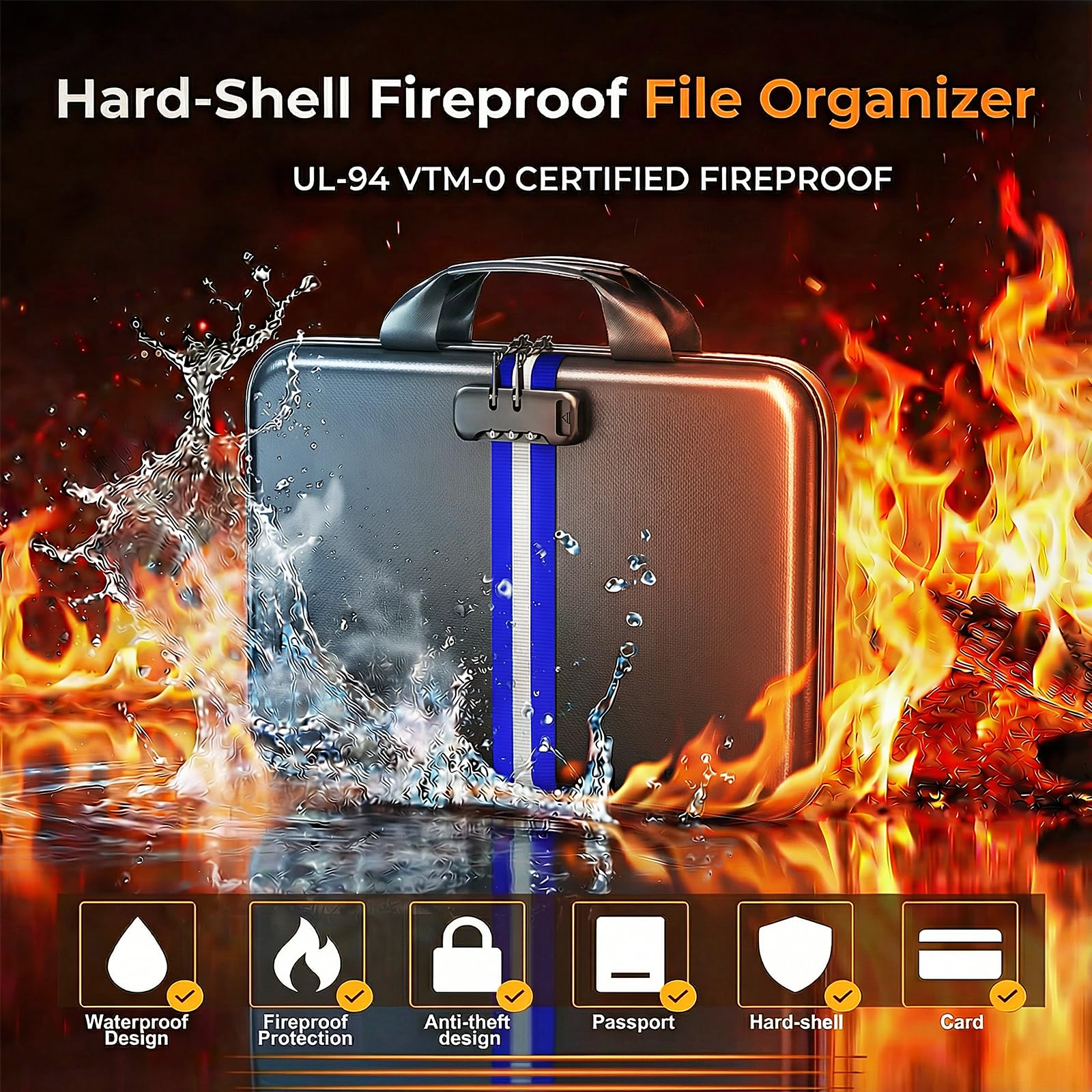 IPYIPY Fireproof Document Organizer with Lock, Semi-Rigid EVA Shell File Box with 13-Pocket
