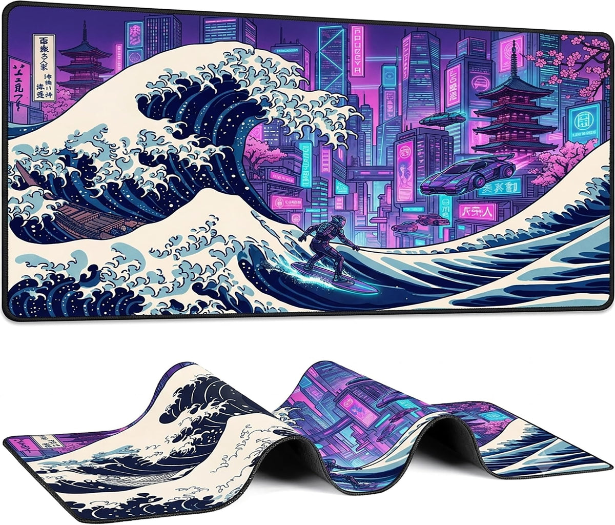 XXL Gaming Mouse Pad 31.5x15.7 Inch,Cyberpunk Neon Japanese Wave Desk Mat