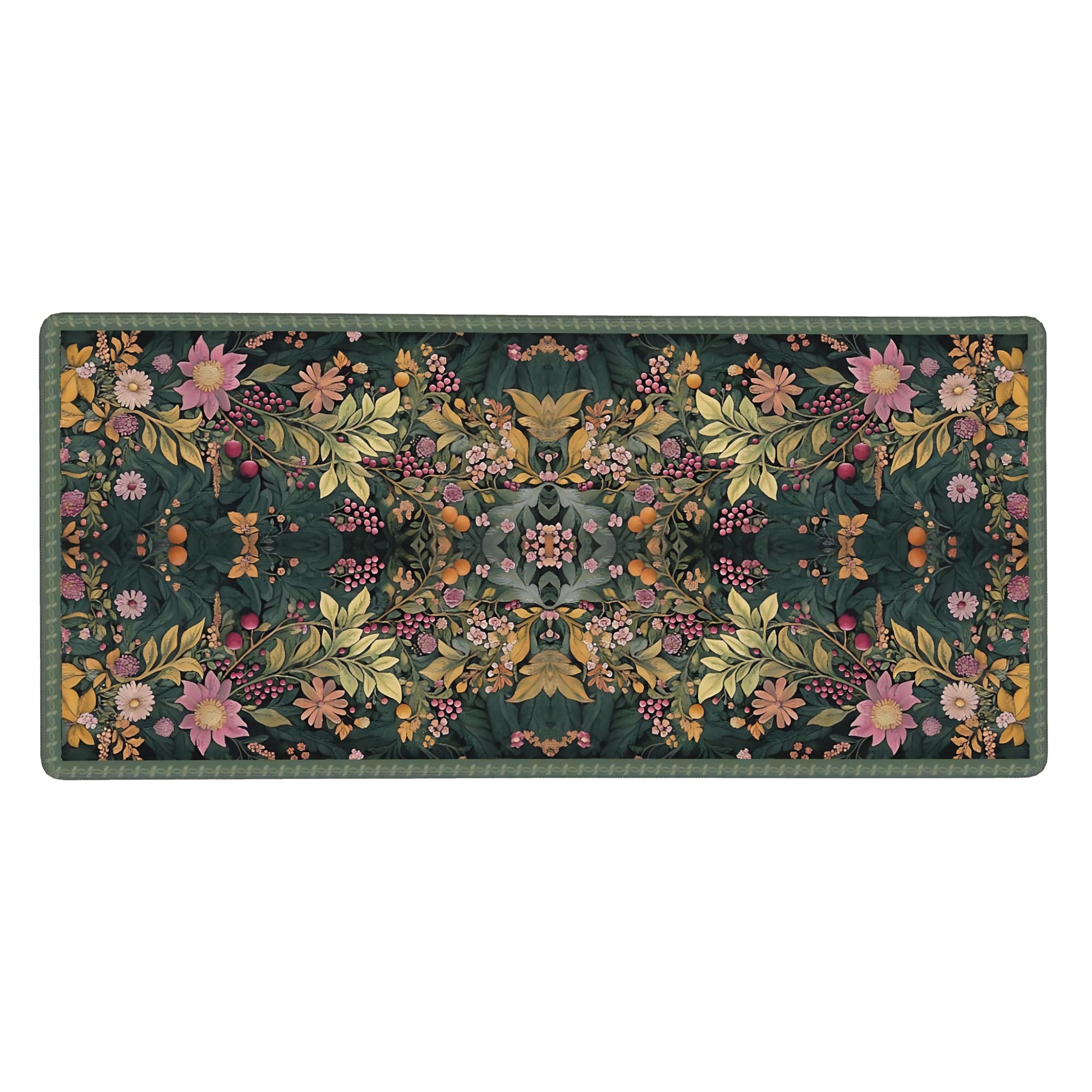 Floral Aesthetic Wildflower Gaming Mouse Pad, Forest Green Rug Desk Mat with Anti-Slip Base &