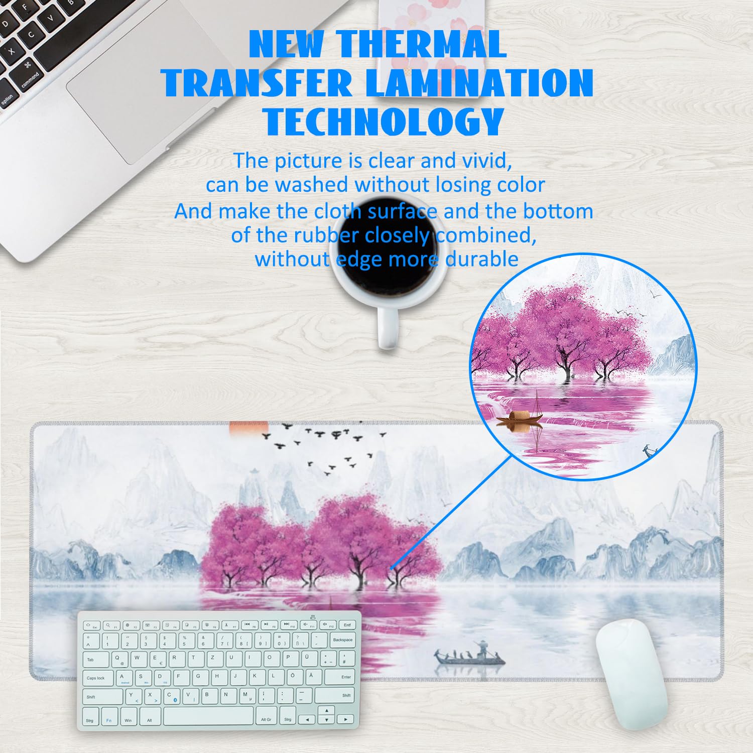 Desk Mat, Cherry Blossom Tree Oil Ink Painting Extended Gaming Mouse Pad Large, 31.5"x11.8" Big