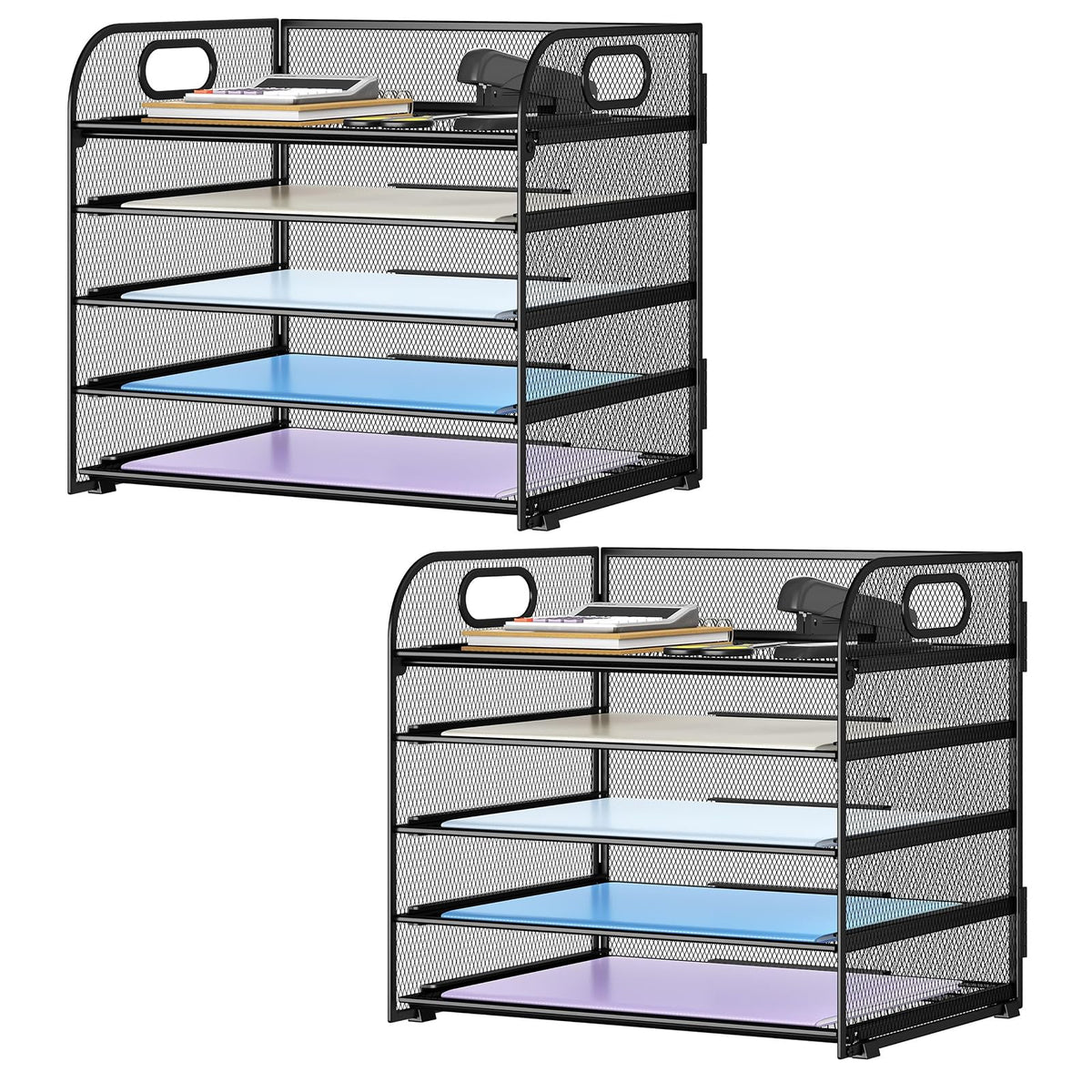 Kinkota Paper Organizer Letter Tray with Handle Mesh 5 Trays-Black 2 Pack