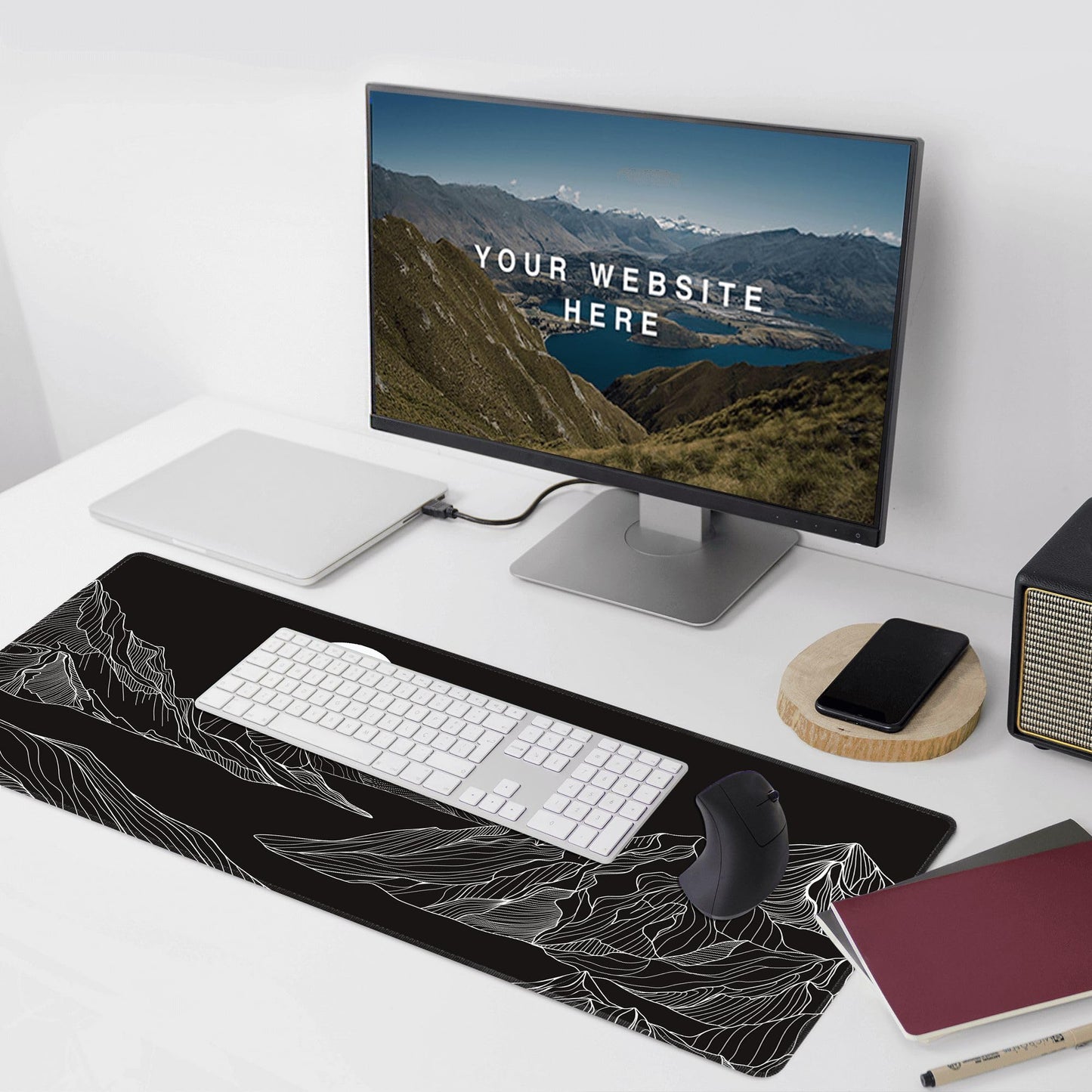 Black and White Mountain Large Mouse Pad,Gaming Keyboard Desk Pad,Extended Mouse Mat Non-Slip