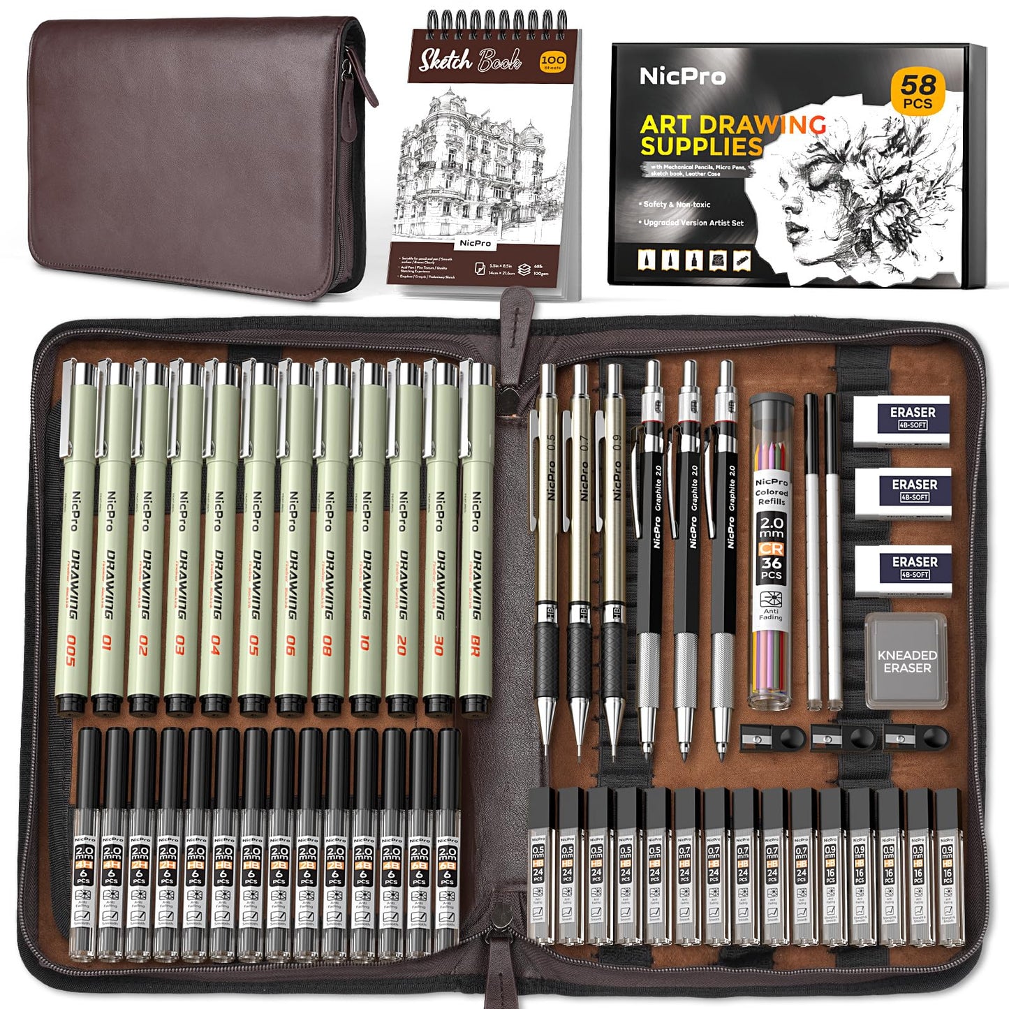 Nicpro 58PCS Art Drawing Supplies Kit, Leather Case, Art Supplies for Adult