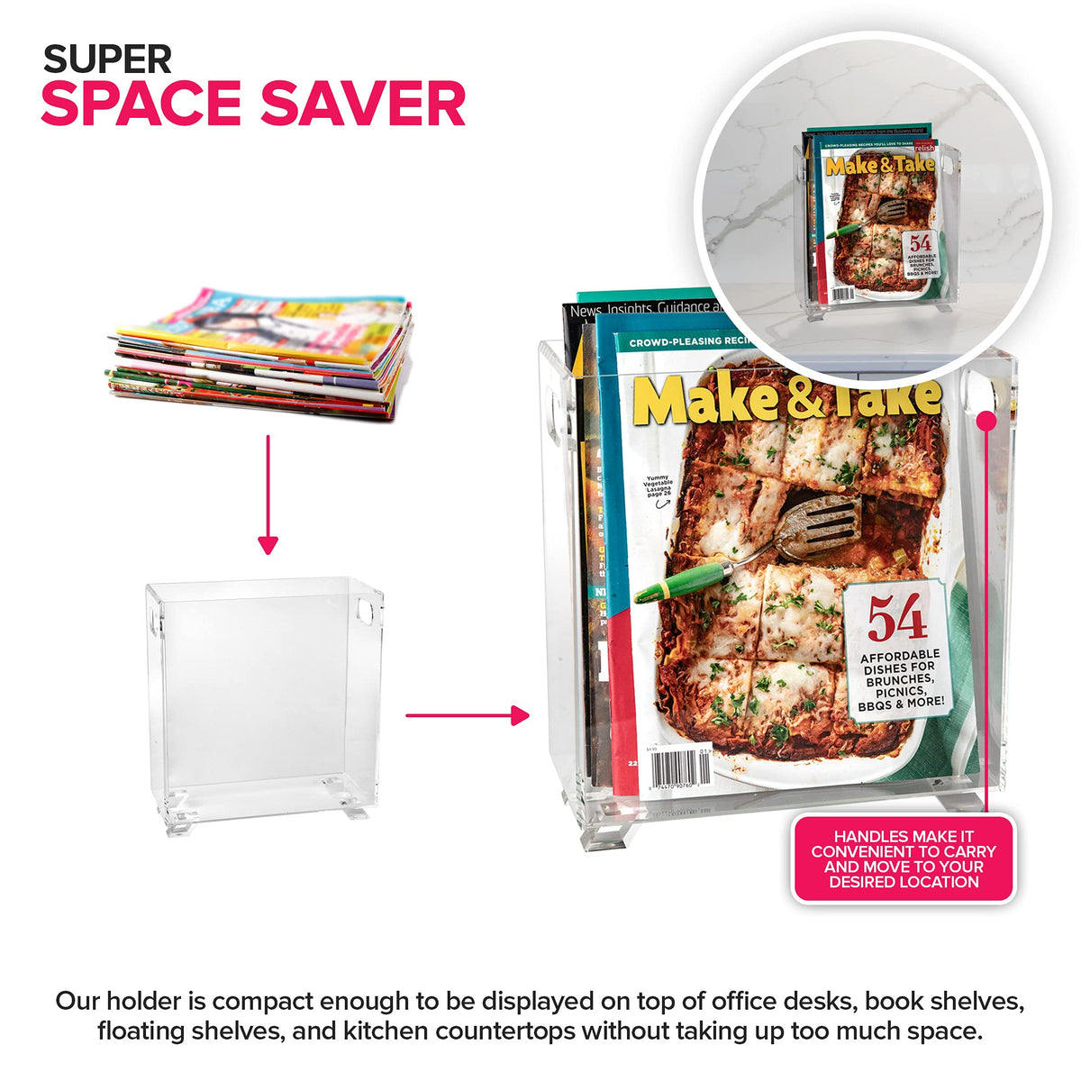 Stock Your Home Acrylic Magazine Holder - Crystal Clear Holder - Shatterproof - Open Top - Space