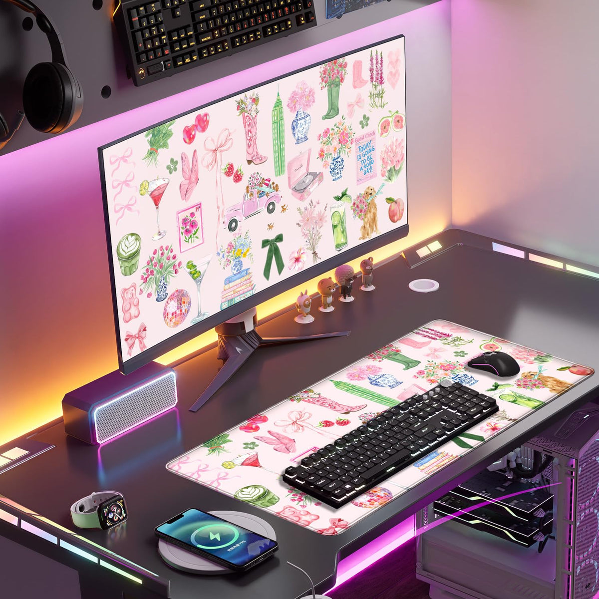 Pink Pastel Floral Desk Mat Cute Kawaii Retro Vintage XXL Large Mouse Pad Flower Desk Pad Mat