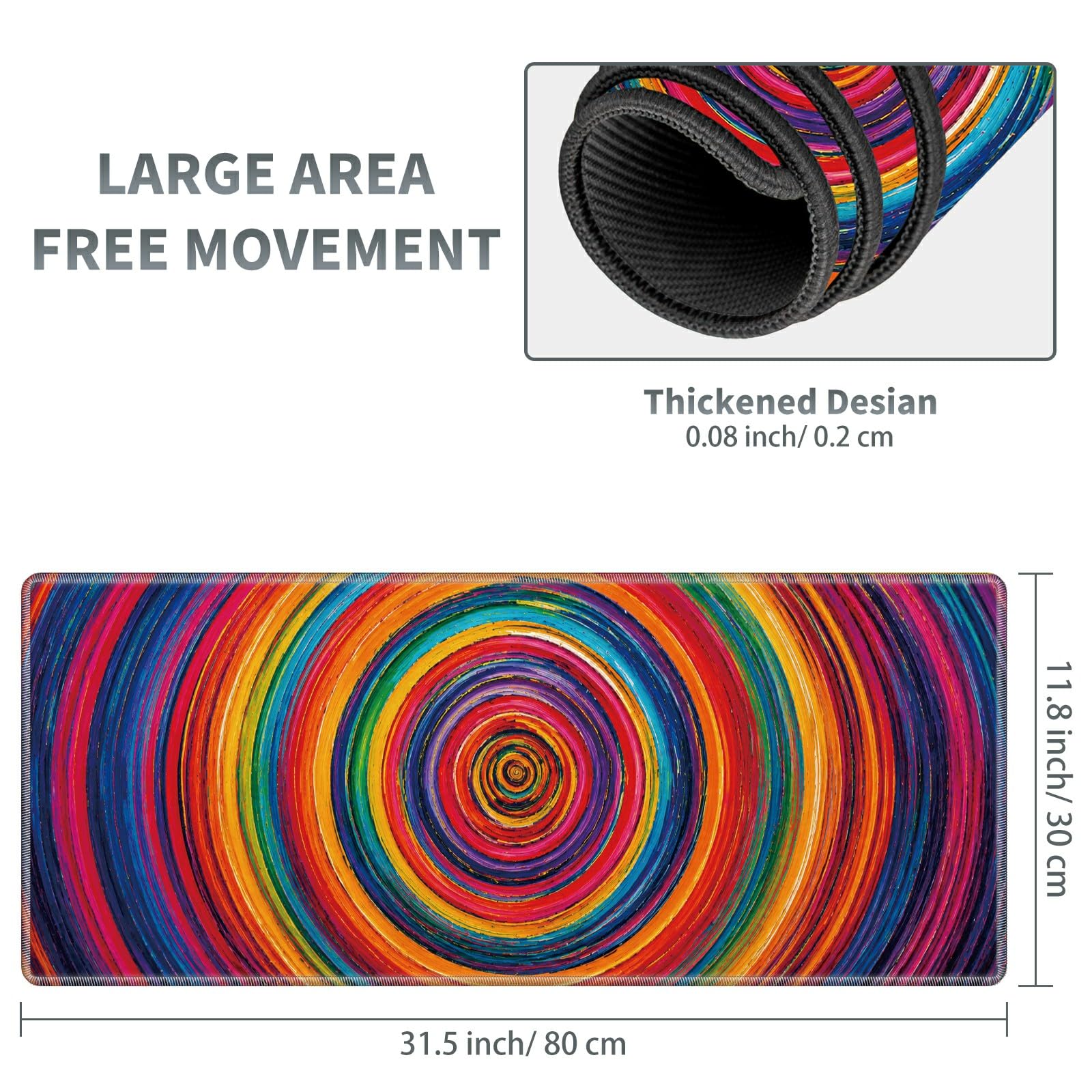 Rainbow Spiral Rings Large Mouse Pad, 31.5 x 11.8 in Extended Desk Mat