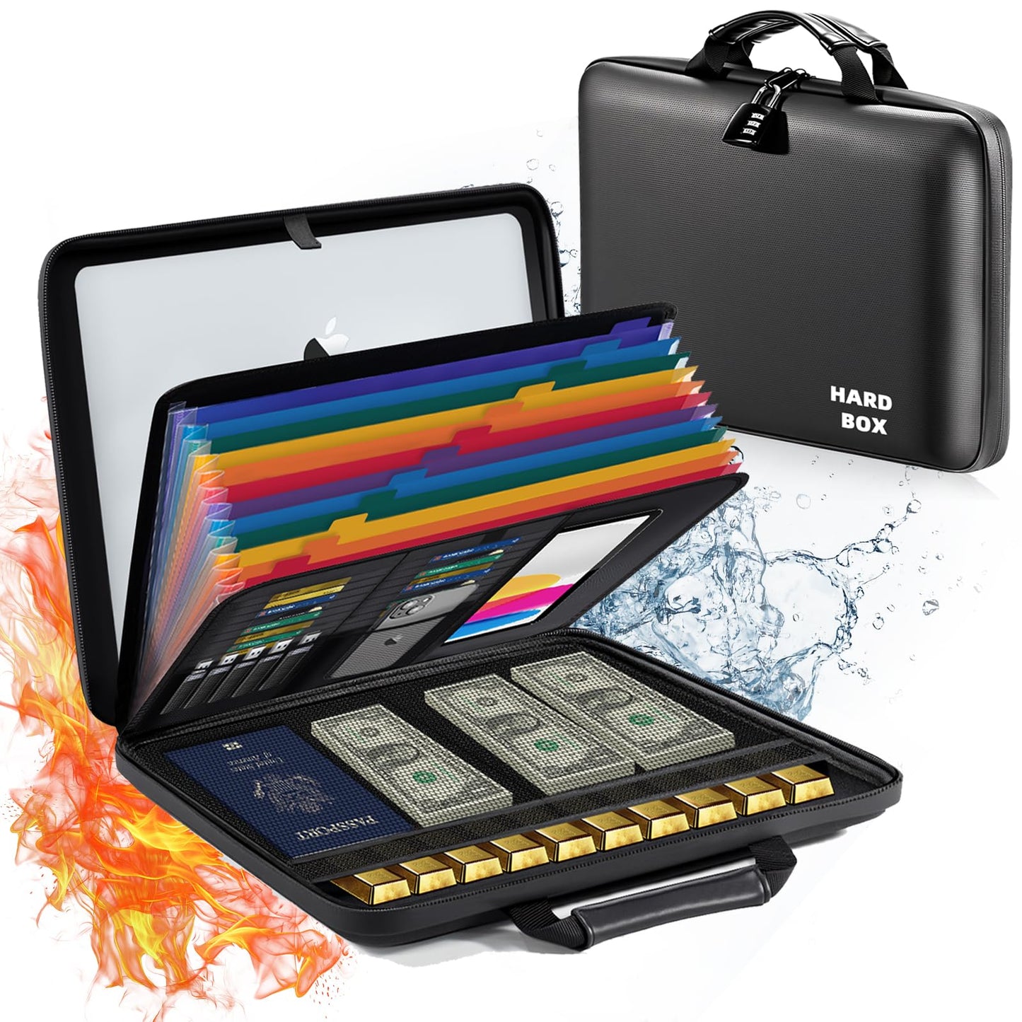 Fireproof Document Box File Organizer: Hard-Shell Case Fireproof Waterproof Box with Lock & 13
