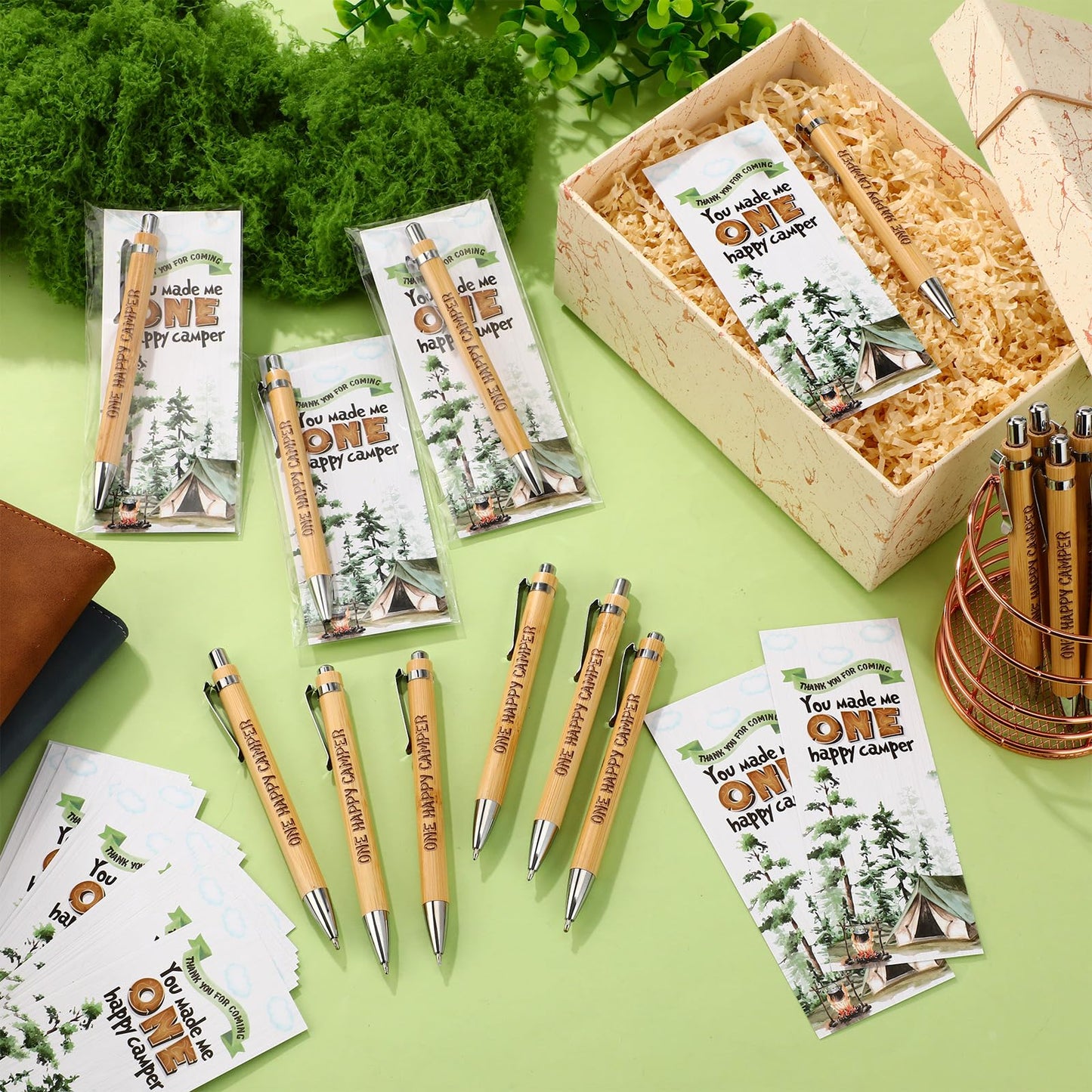 Spakon 24 Sets One Happy Camper Favors Pens Bamboo Pens with Bookmarks