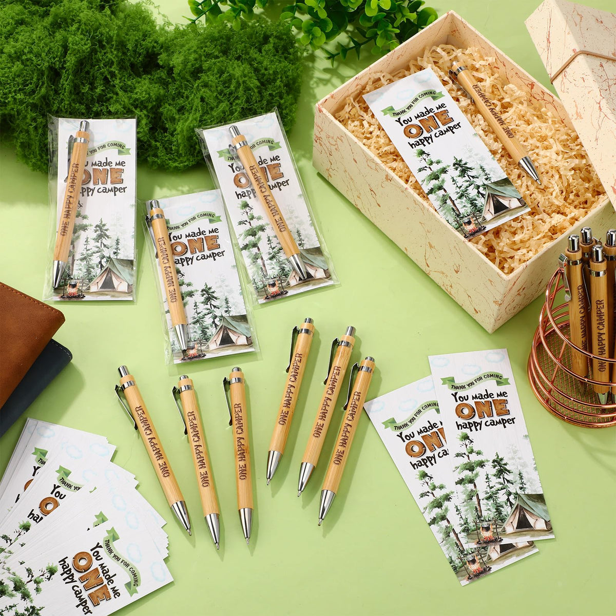 Spakon 24 Sets One Happy Camper Favors Pens Bamboo Pens with Bookmarks