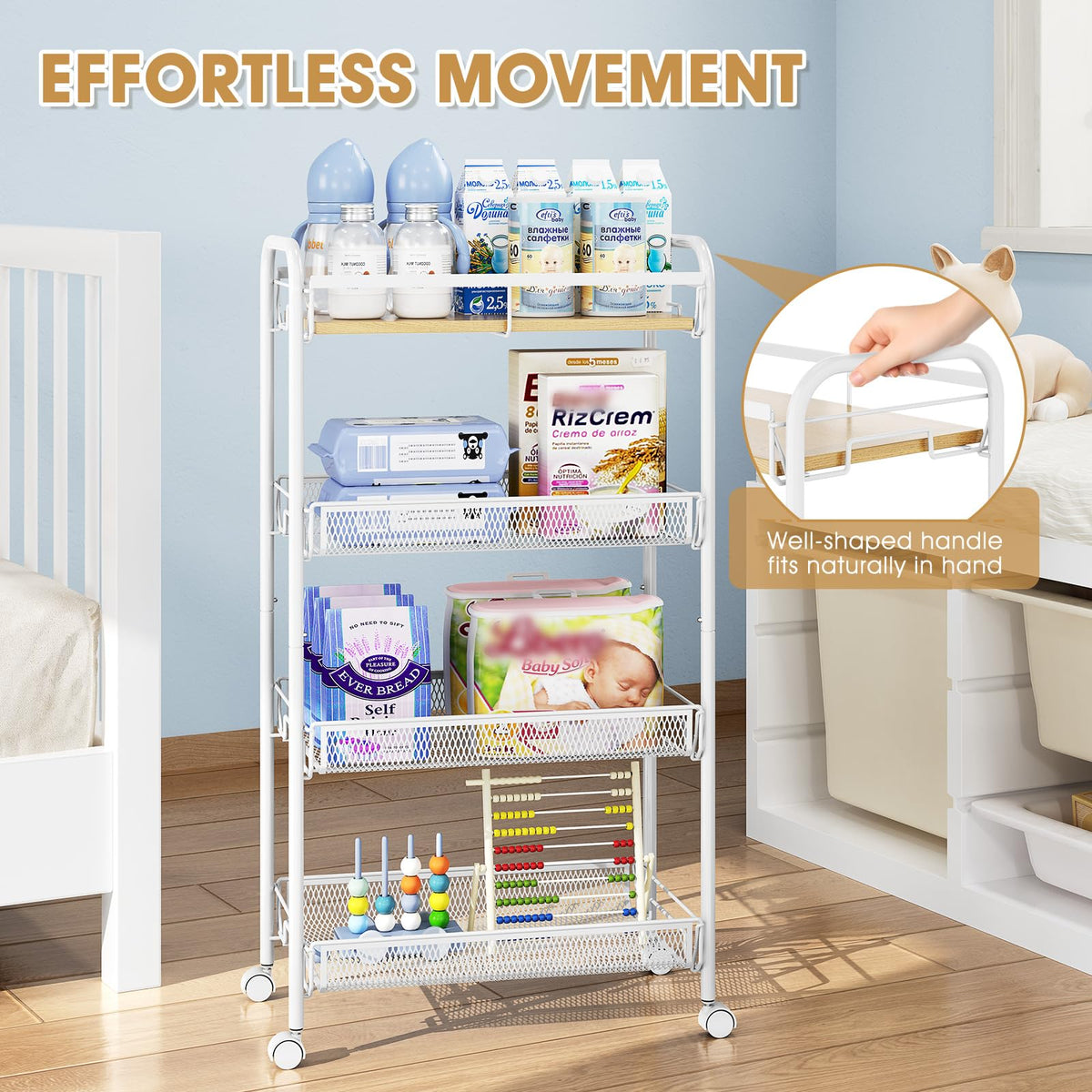 TOOLF 4-Tier Rolling Cart, Metal Utility Cart, Slide Out Storage Cart with Wooden Tabletop and Mesh