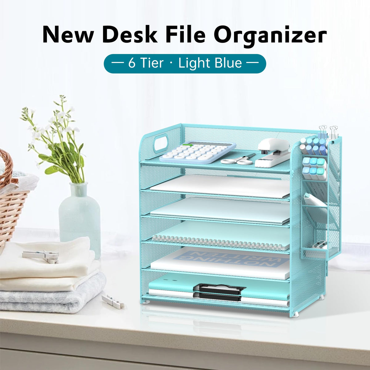 Supeasy 6 Tier Desk Organizer with 4 Pen Holders & Mesh Paper Trays Blue