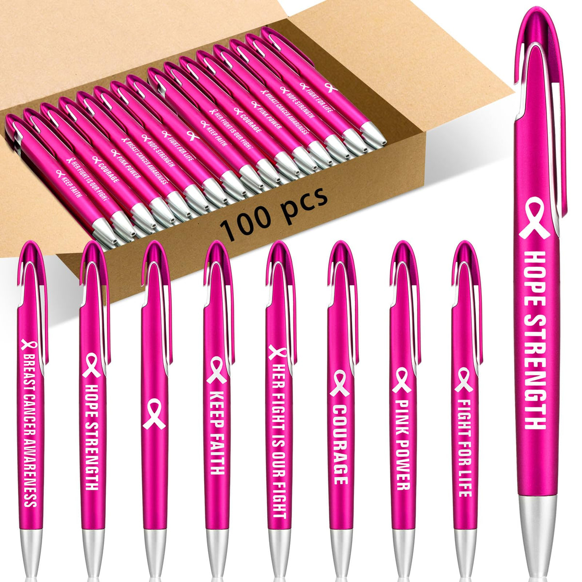 Lincia 100 Pcs Breast Cancer Awareness Ballpoint Pens Bulk, black Ink