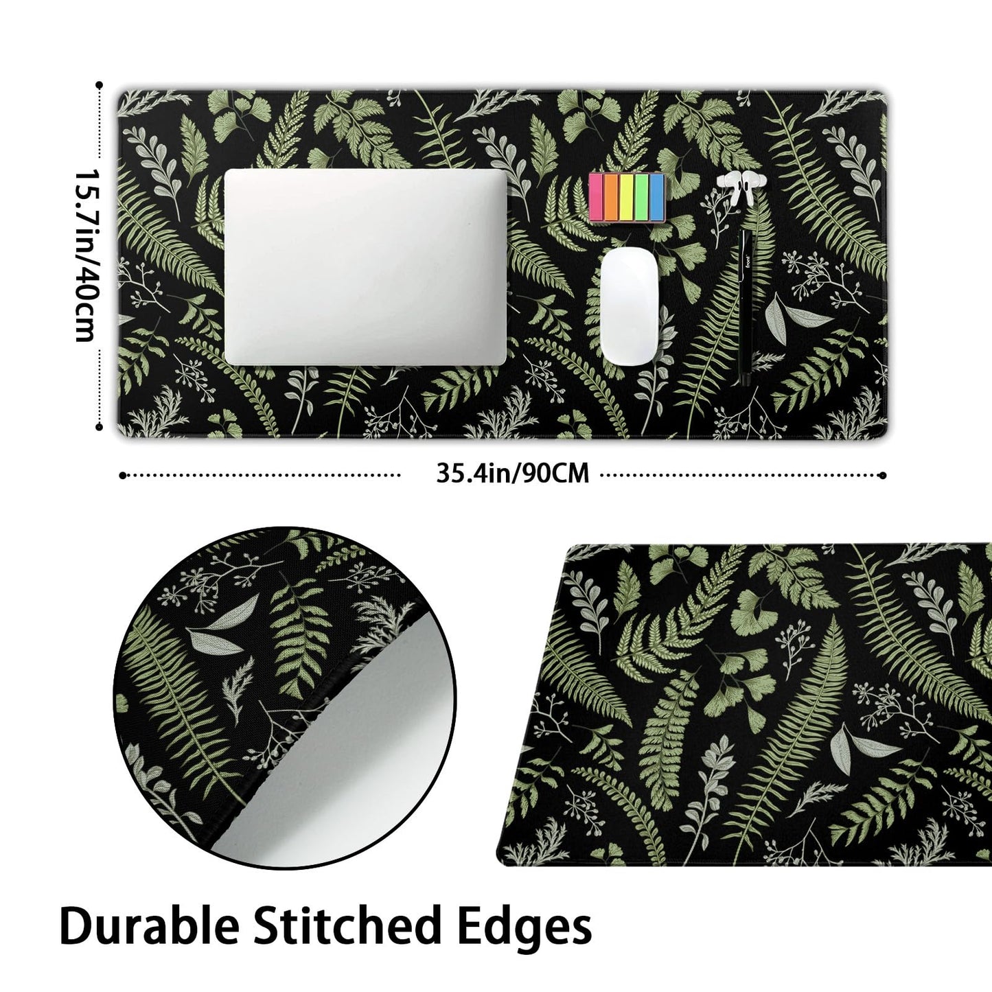 Black Green Plant Flowers Mouse Pad XXL Tropical Fern Botanical Leaves Extended Desk Mat 90X40cm