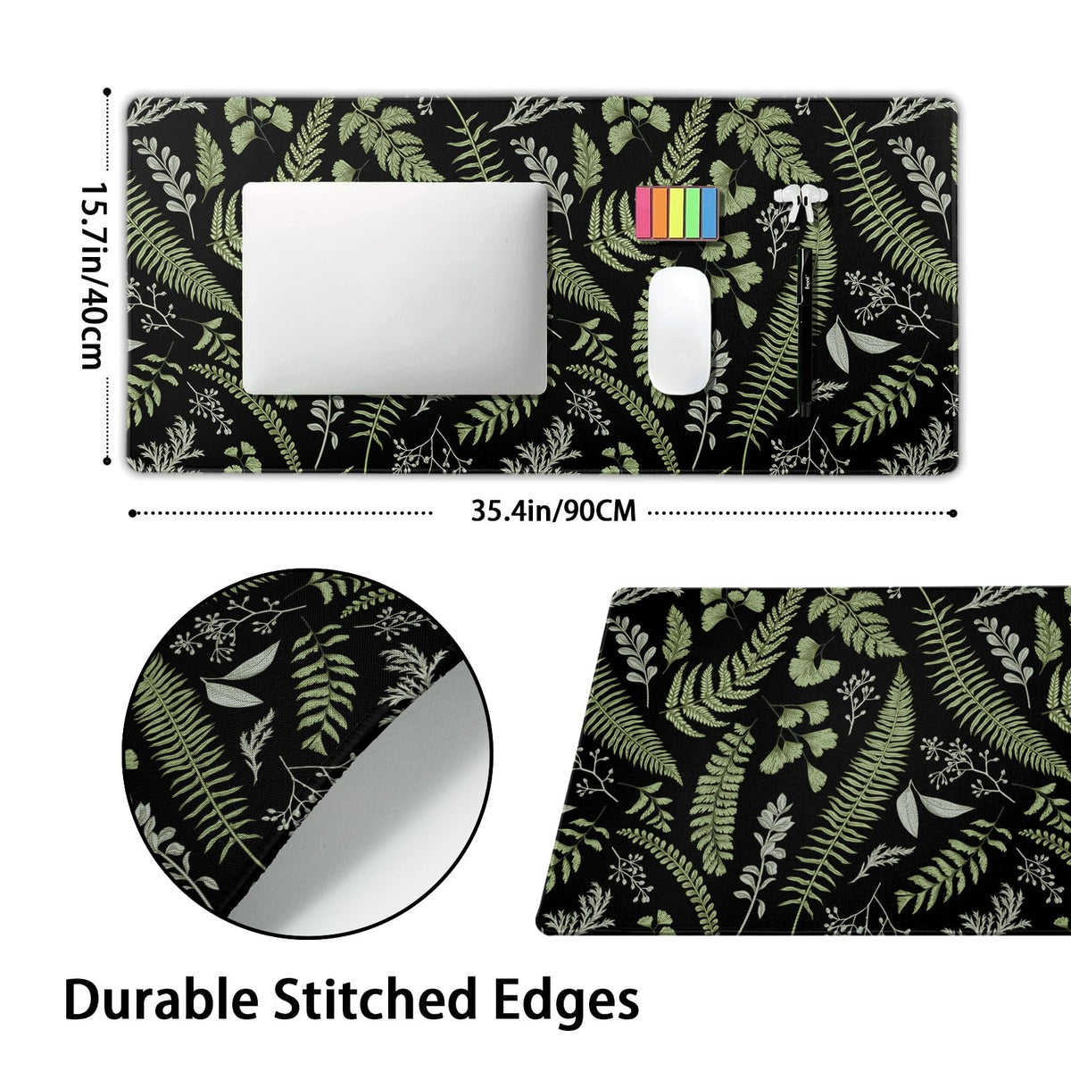 Black Green Plant Flowers Mouse Pad XXL Tropical Fern Botanical Leaves Extended Desk Mat 90X40cm