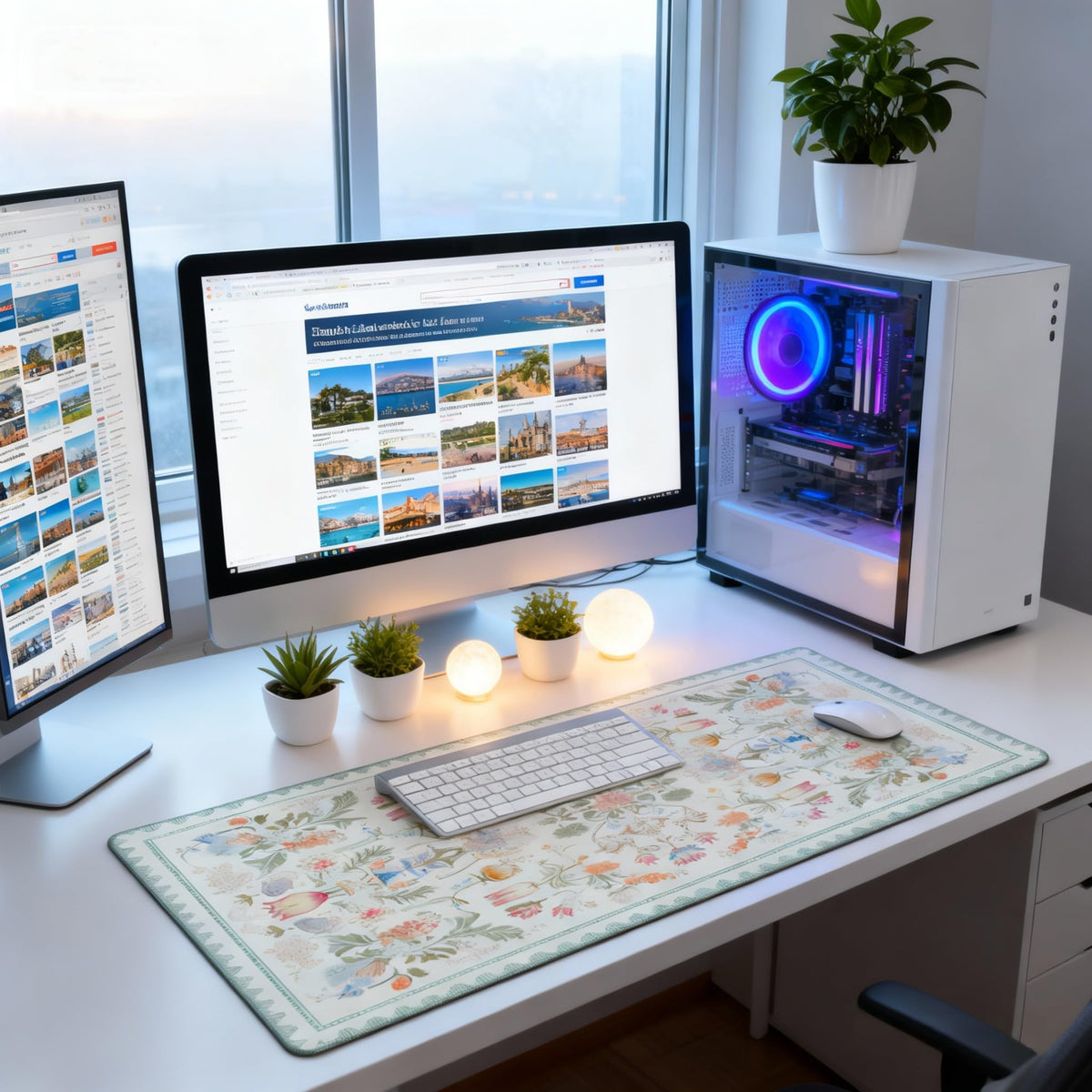Sage Green Floral XXL Desk Mat - Cute Large Mouse Pad with Stitched Edges & Anti-Slip Base for