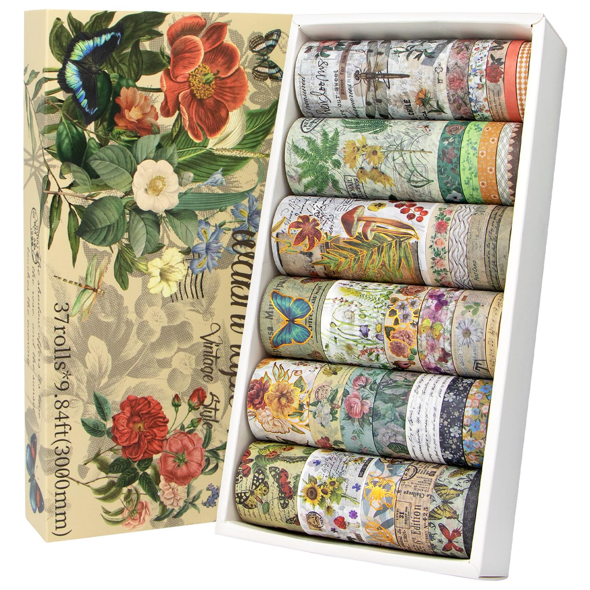 37 Rolls Vintage Washi Tape Set - Decorative Tape Floral Butterfly Mushroom Botanical,Adhesive Tape