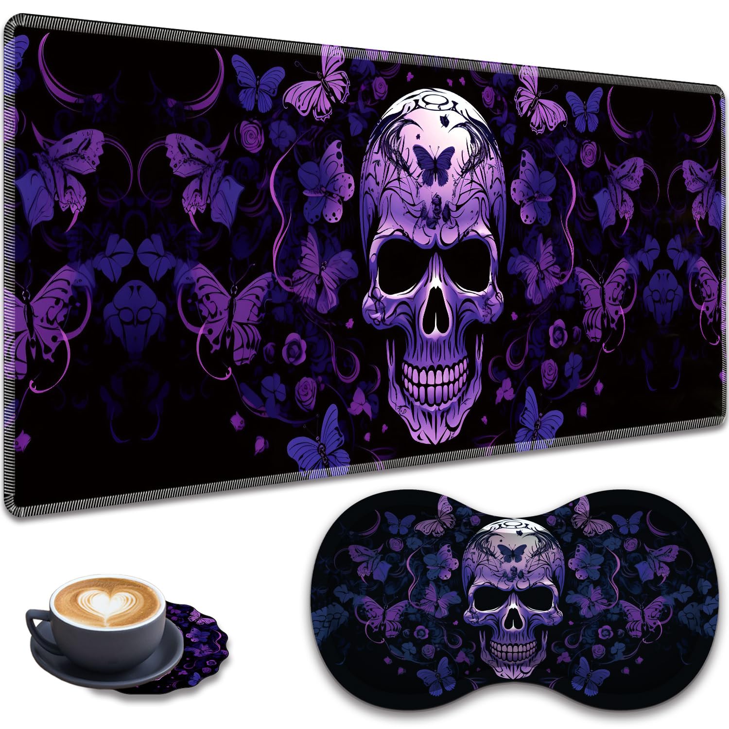 3-Piece Skull Butterfly Mouse Pad Set, Including Wrist Support Pad and Cup Holder, with Waterproof