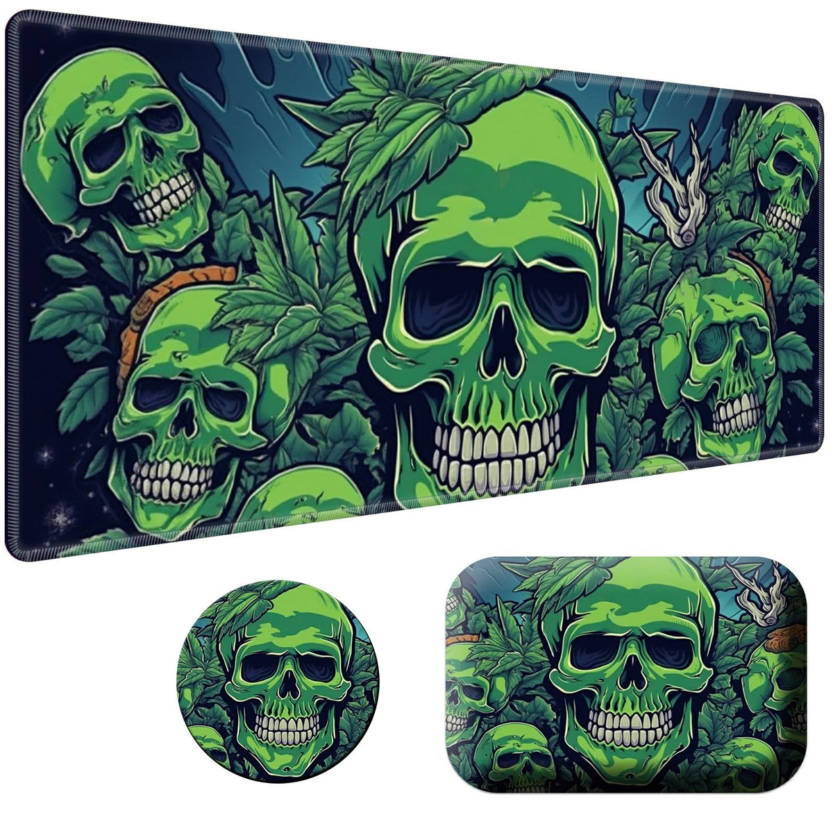 BPQOJB Laptop Mouse Pad 27.5 x 11.8 inch & Small Wrist Rests with Coasters and Green Forest Skull