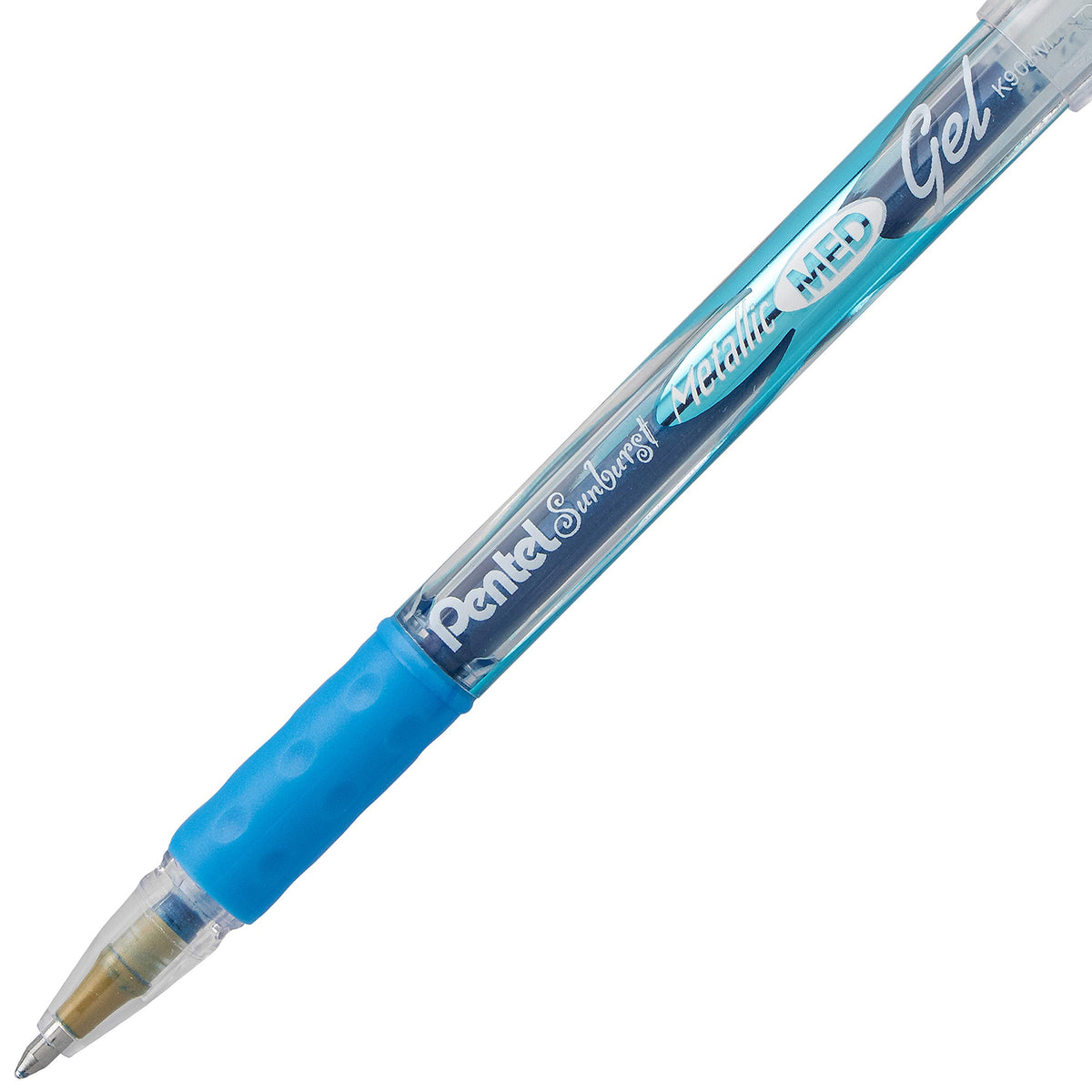 Pentel Sunburst Metallic Gel Pen, 0.8mm Tip Writes 0.4mm Line, Blue/Transparent Barrel Blue Ink