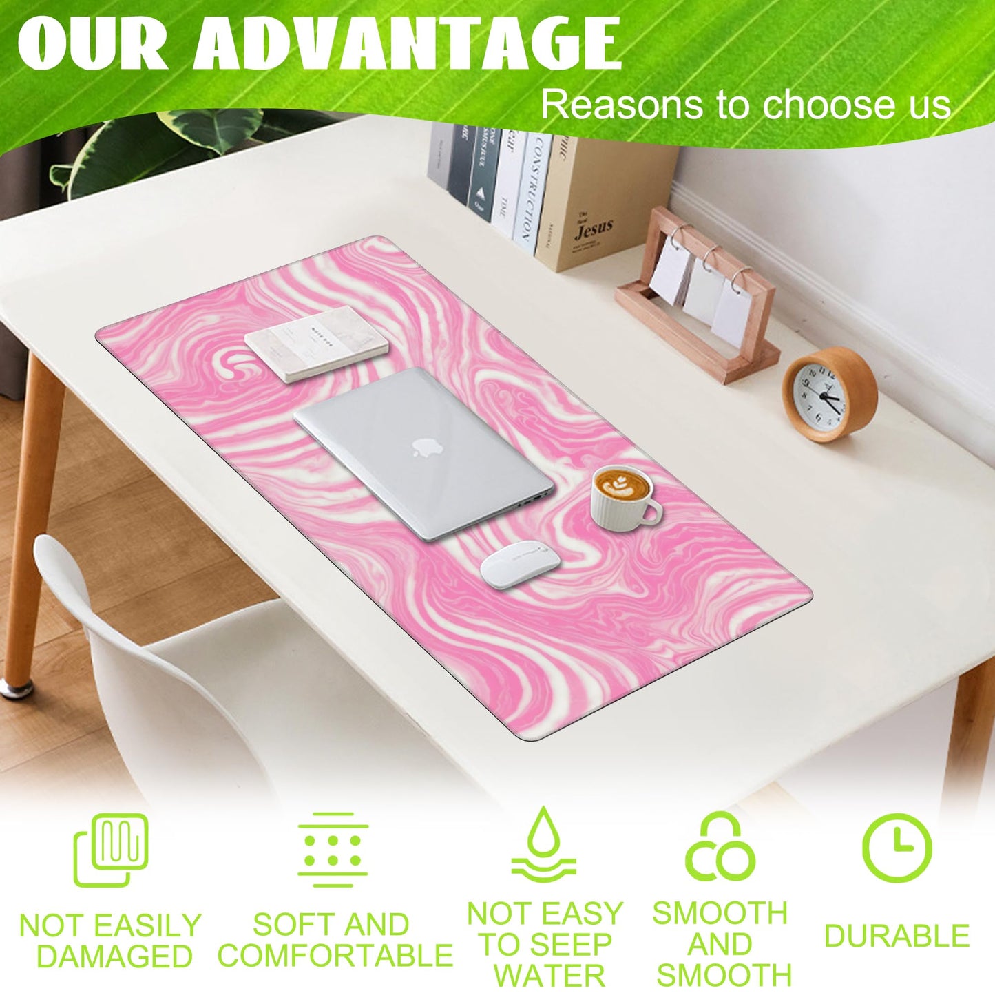 Eflxamz Desk Pad,Pink Marble Swirls Texture Desk Mat,Flow Liquid Waves Large Gaming Mouse Pad for