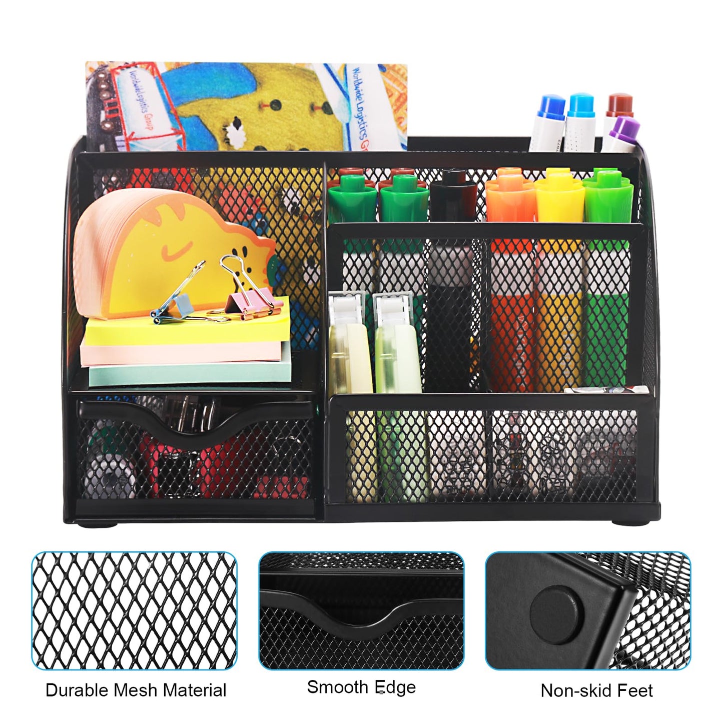 Comix Mesh Pen Pencil Holder Desk Organizer, 7 Compartment Wire Desktop Pen Pencil Cup Caddy Office