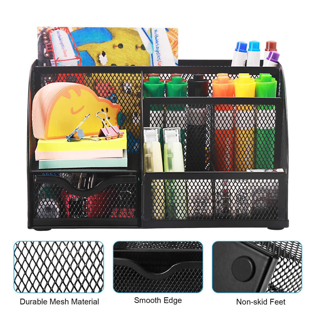 Comix Mesh Pen Pencil Holder Desk Organizer, 7 Compartment Wire Desktop Pen Pencil Cup Caddy Office