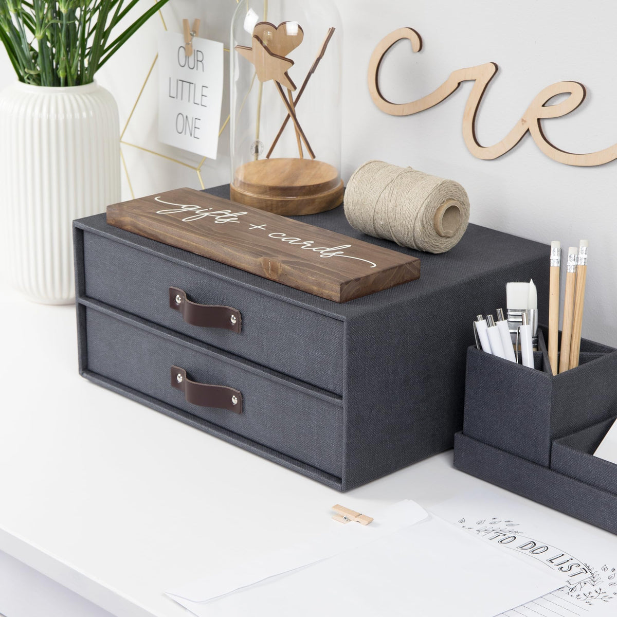 Bigso Birger 2-Drawer Canvas Fiberboard Easy Pull Handle Box - Desktop Drawers for A4 and Letter