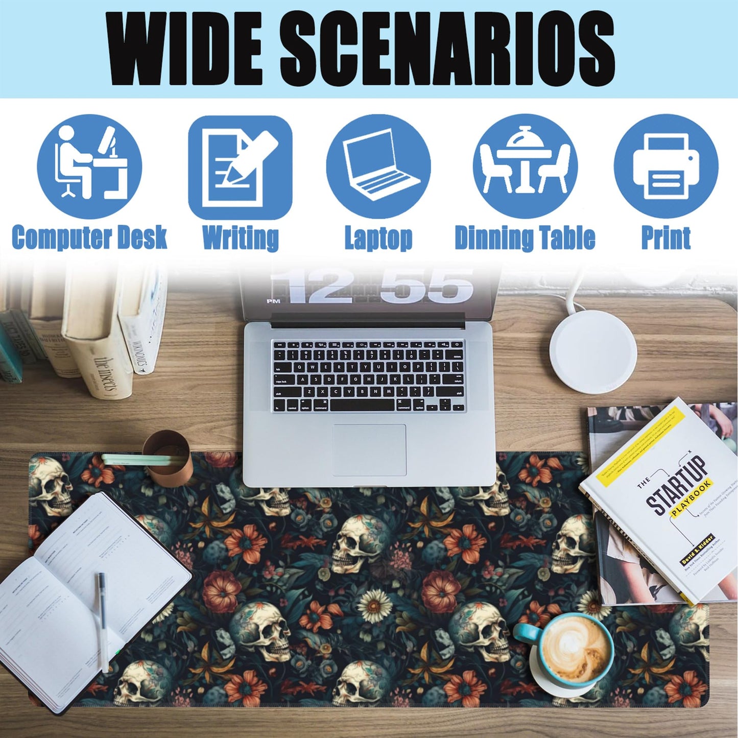 Desk Mat,Skulls with Flowers Large Gaming Mouse Pad XL,Skull Floral Desk Pad,Extended Big Computer