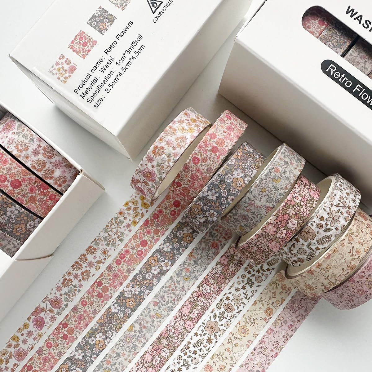 YUBX Vintage Washi Tape Set 8 Rolls Thin Retro Decorative Antique Patterns Masking Tapes for Arts