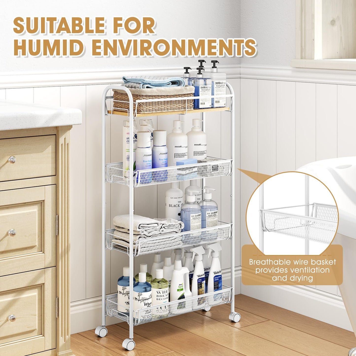 TOOLF 4-Tier Slim Rolling Cart, Metal Utility Cart, Slide Out Storage Cart with Wooden Tabletop and