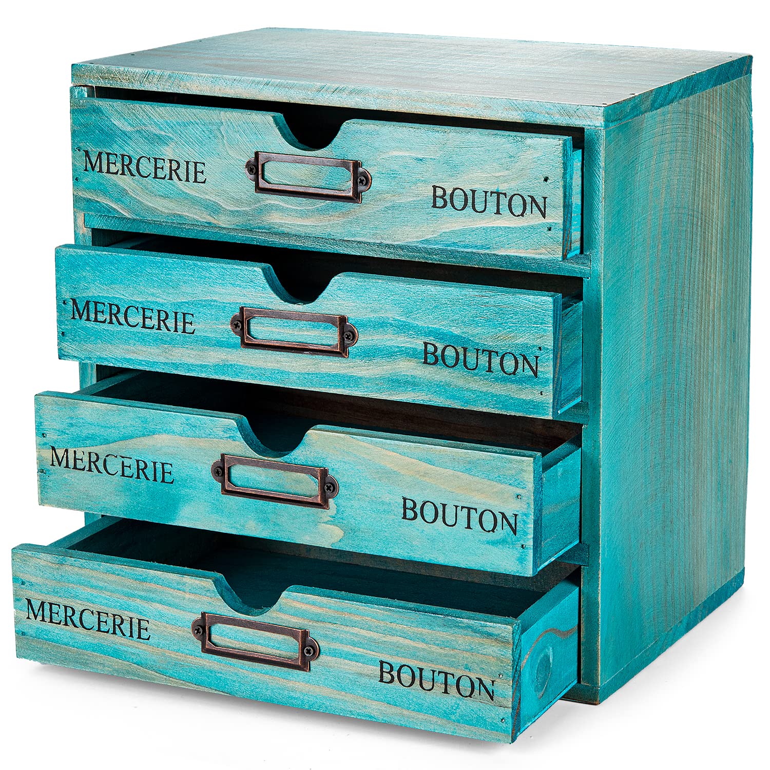 Turquoise 4-Tier Drawer Unit - Teal European Country Style Desk Organizer Box - 9.7x7x10 Wooden
