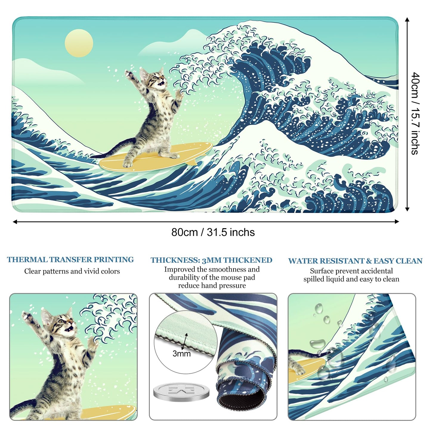 Funny Cat Desk Mat, Desk Matt for Desktop, Surfer Cat DeskPad Mat, XXL Large Mouse Pad for Desks