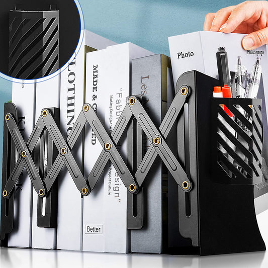 Heavy Duty Book Ends to Hold Books with Pen Holder, Adjustable Bookends, Metal Book Ends for