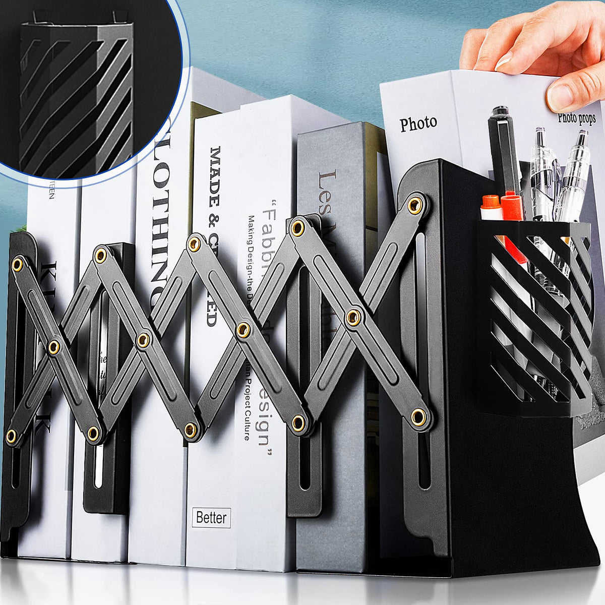2PCS Heavy Duty Book Ends to Hold Books with Pen Holder, Adjustable Bookends, Metal Book Ends for
