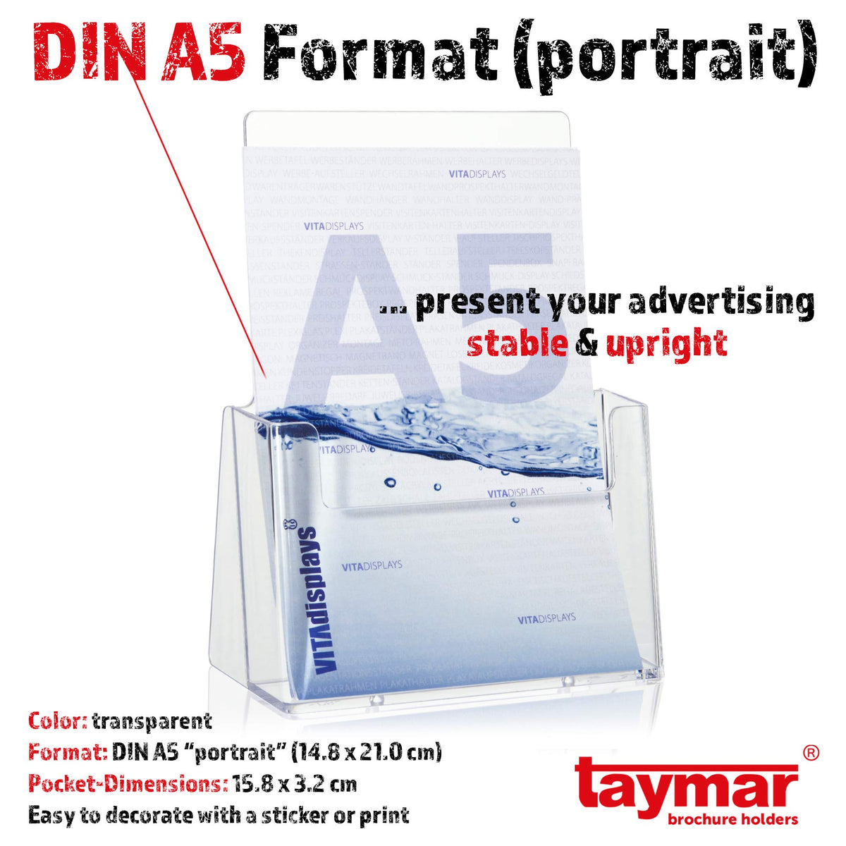 taymar® Table brochure Holder DIN A5, Transparent.
